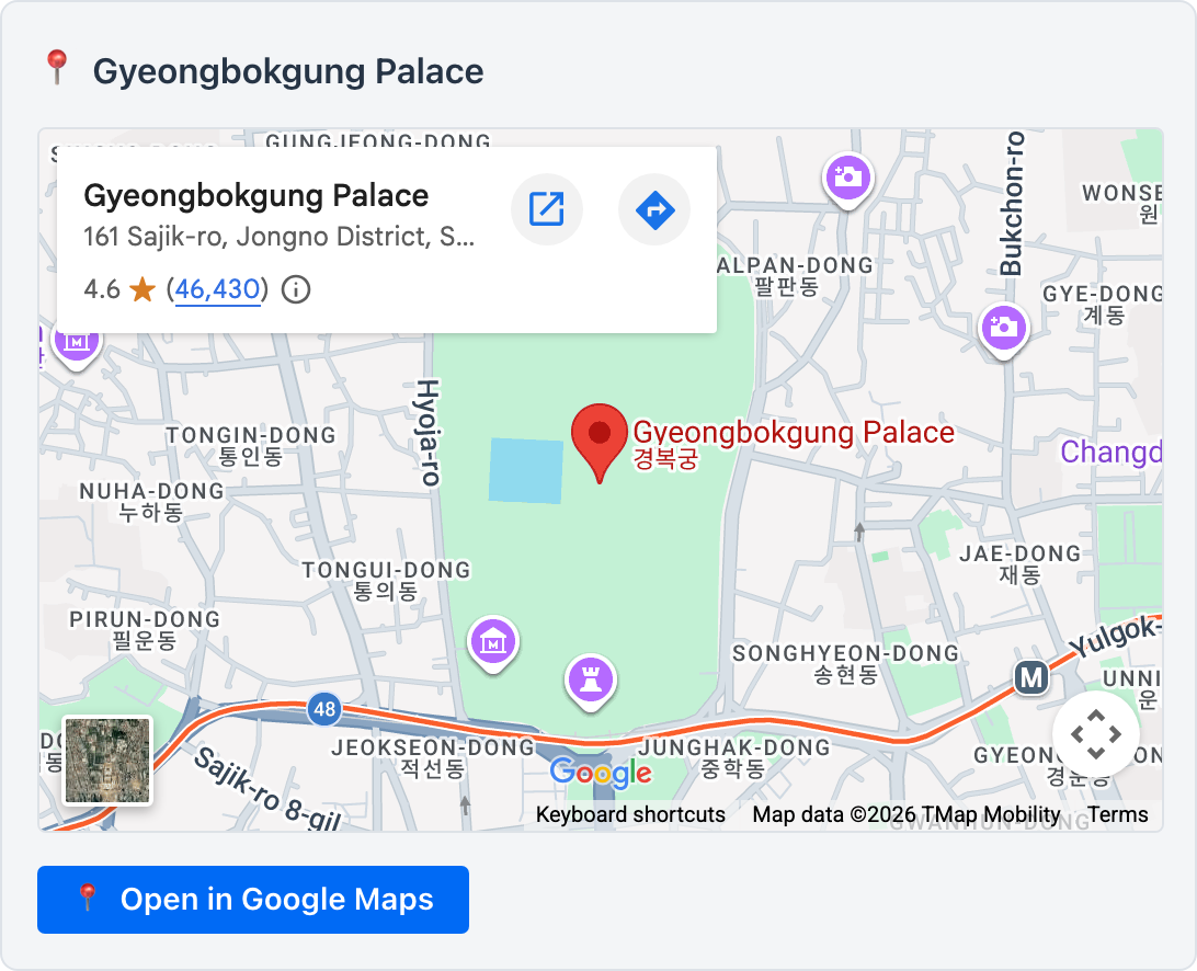 A Location action card embedding an interactive map of a place, with an Open in Google Maps link