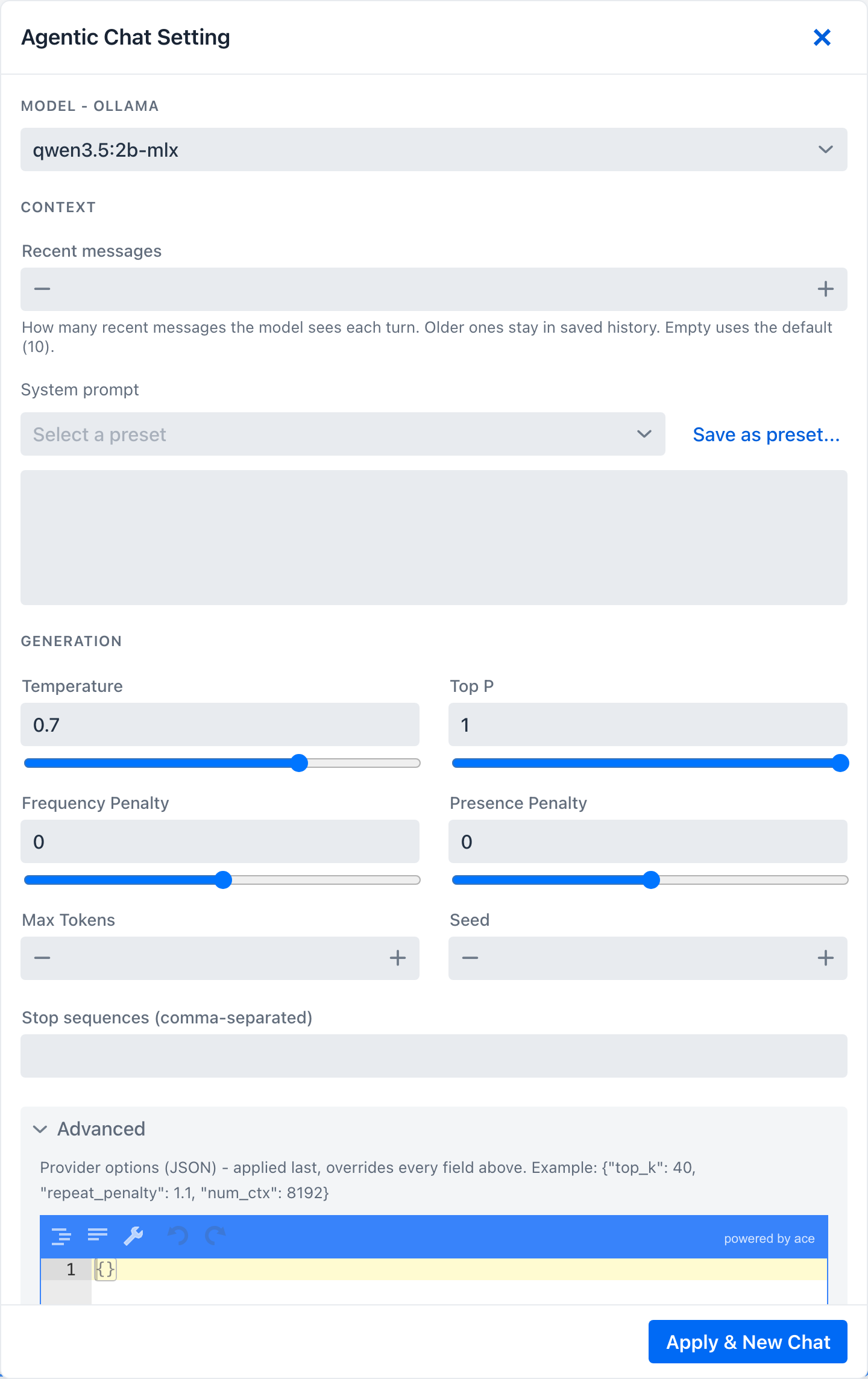 The Advanced details section expanded, showing the provider-options JSON editor