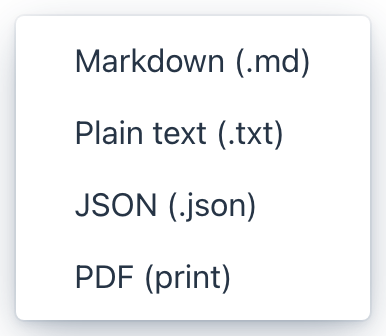 The Export menu listing Markdown, Plain text, JSON, and PDF