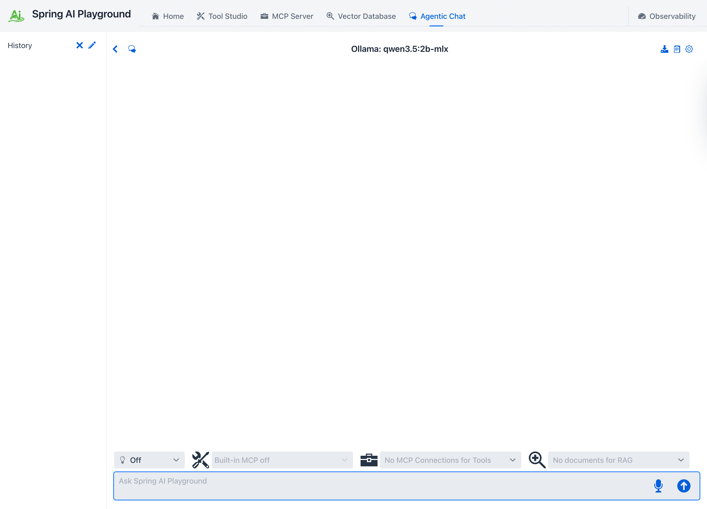 Agentic Chat workspace - the conversation area above the prompt input, with the reasoning, built-in tool, external MCP, and RAG document selectors on the selector row and the New Chat, Export, Prompt Library, and Settings actions in the header