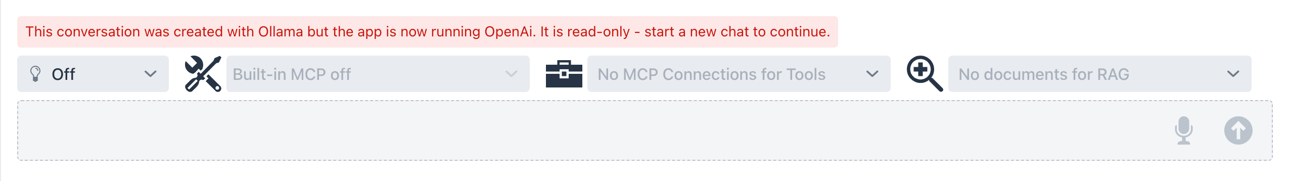 A conversation opened under a different provider - the input is disabled and a banner reads that the conversation was created with Ollama but the app is now running OpenAi