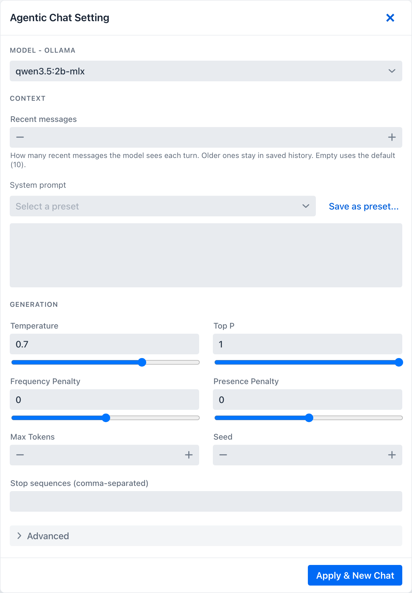 The chat settings drawer - sections for Model, Context, Generation, and Advanced details, with the Apply and New Chat button
