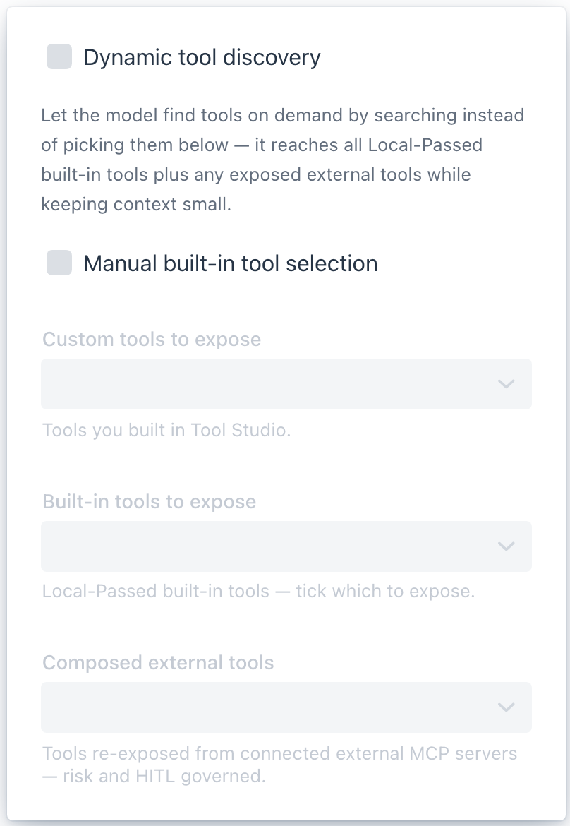 The tool selector popover - a Use built-in MCP server toggle, then multi-select boxes for Custom tools, Built-in tools to expose, and Composed external tools