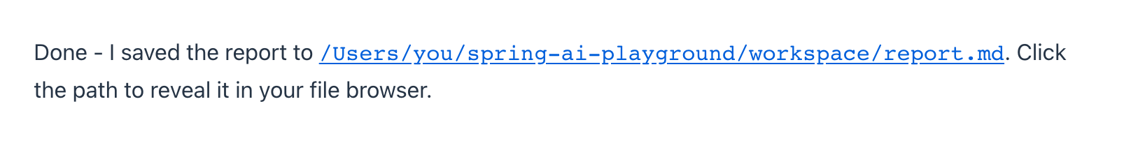 A chat reply with an absolute file path rendered as a clickable link