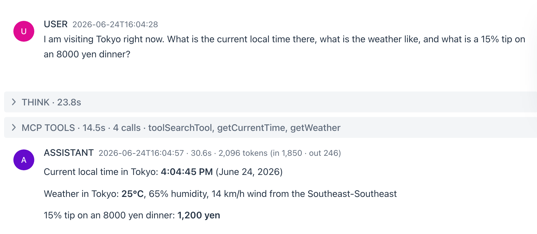 A Self-equipping agent turn from a local Ollama model: the question about Tokyo time, weather, and a tip; a folded THINK panel; an MCP TOOLS summary reading "4 calls - toolSearchTool, getCurrentTime, getWeather..."; and the answer giving the local time, current weather, and a 1,200 yen tip