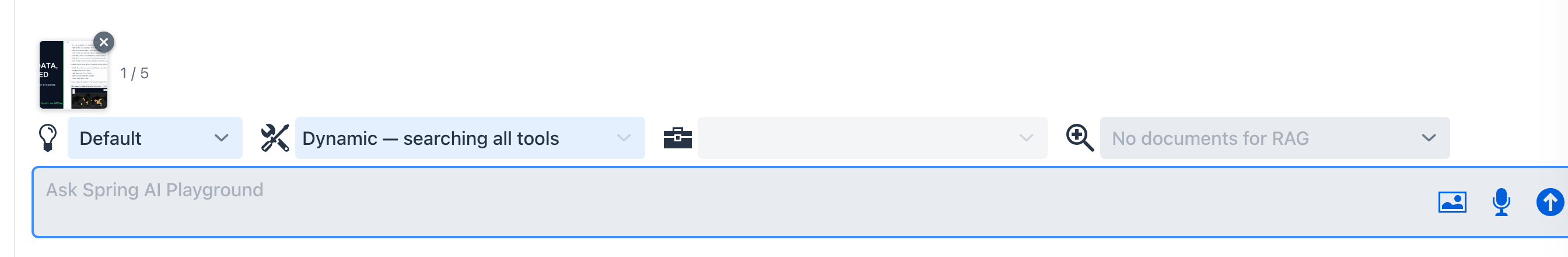 The chat input with an attached image chip above the prompt field - the chip shows a thumbnail with a remove button and the 1 / 5 counter