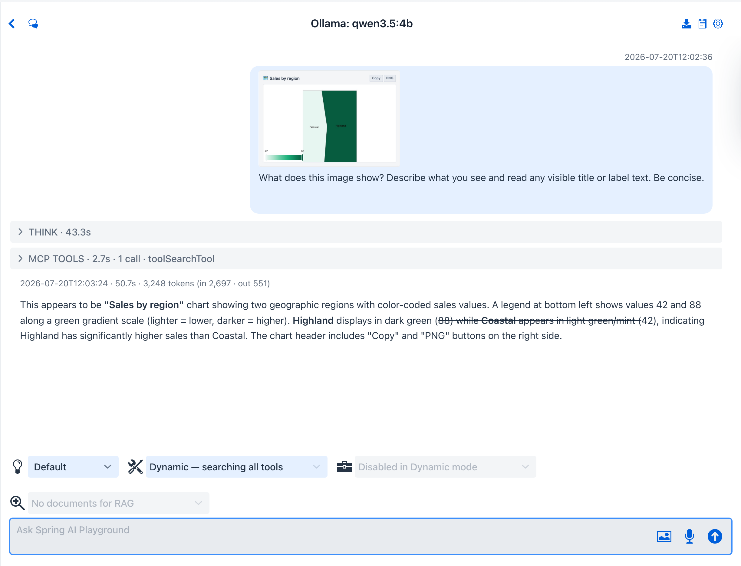 A user message with the attached image thumbnail and the vision model's answer reading the title text and describing the earthquake map