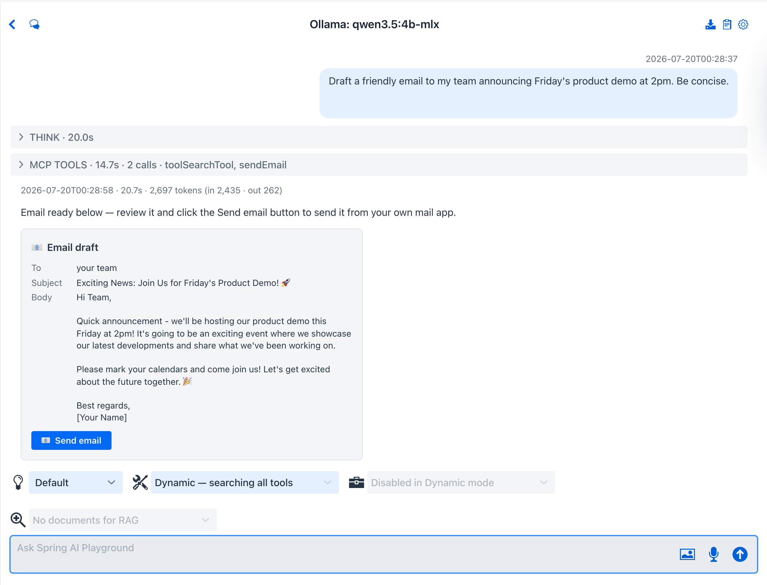 Personal assistant result - the email request and an Email draft action card addressed to alice with bob cc'd, a Project kickoff subject, and a Send email button