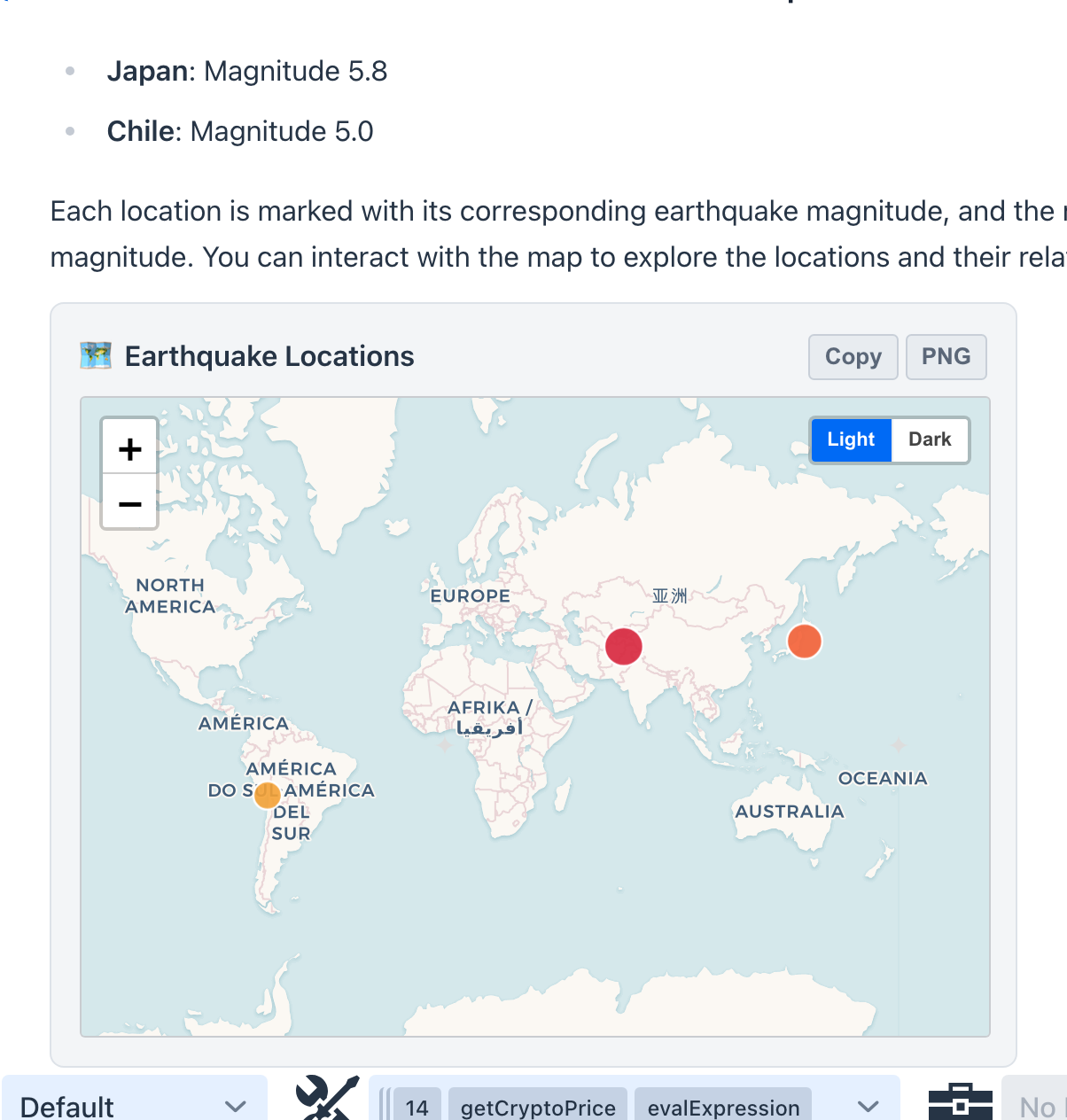 The Data visualizer preset in action - closing magnitude bullets for Japan (5.8) and Chile (5.0), above a rendered map card titled Earthquake Locations with three round markers near central Asia, Japan, and South America, zoom controls, a Light / Dark toggle, and Copy and PNG buttons; the tool selector at the bottom shows getCryptoPrice and evalExpression next to an overflow chip for 14 more
