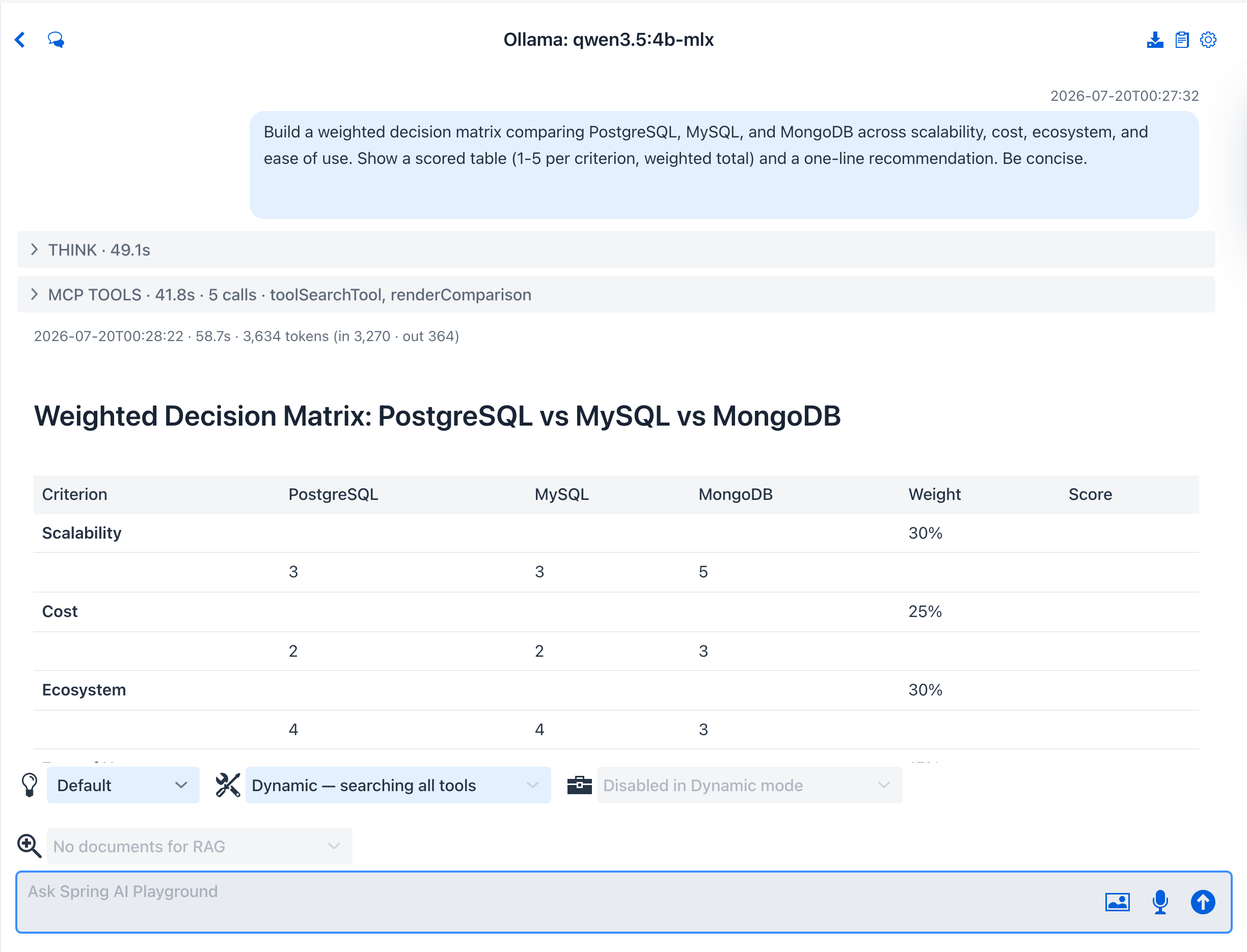 Decision matrix in action - the database decision, the agent's THINK reasoning, and the evalExpression and stats tool chips