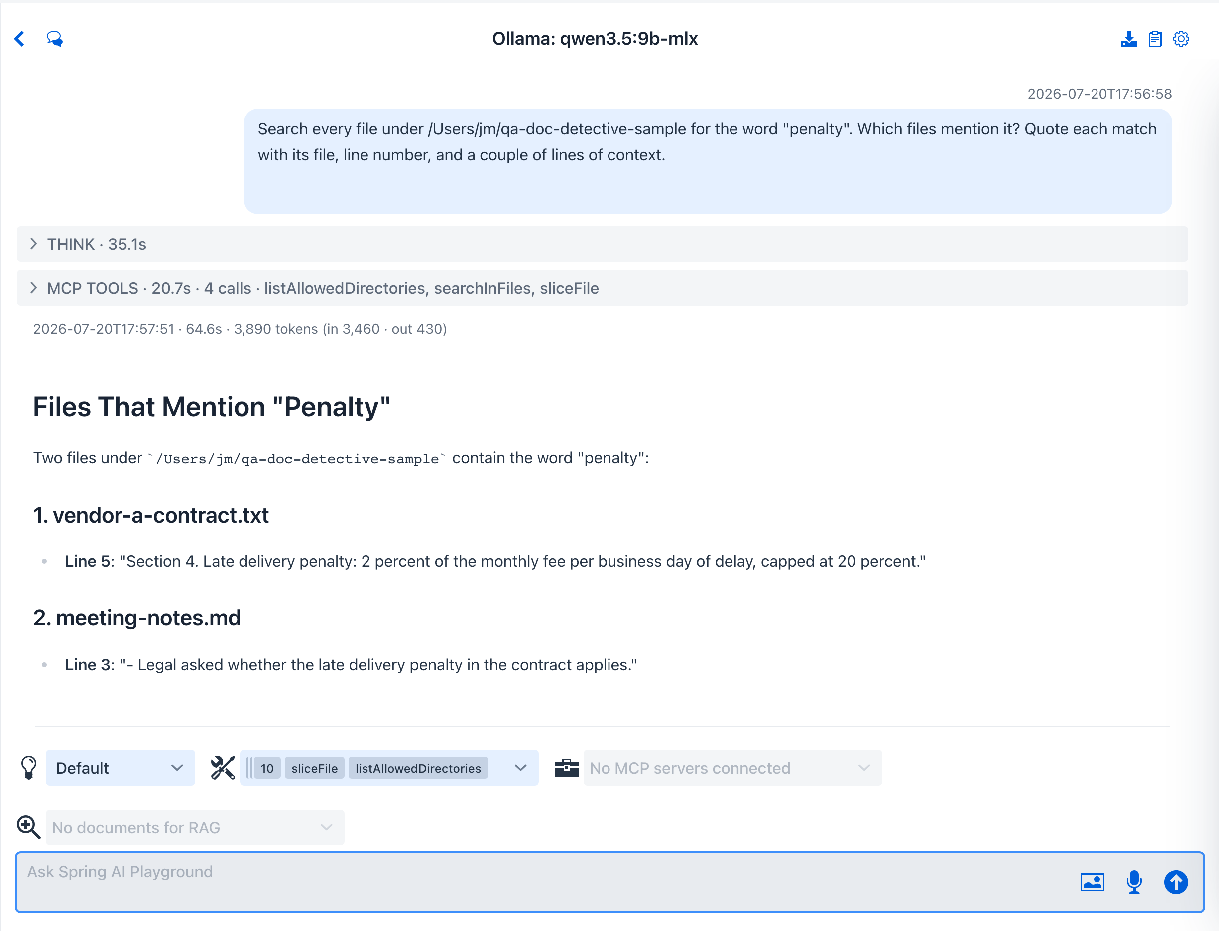 Document detective result - the folder question, a folded MCP TOOLS summary with the search pipeline, and per-file findings with quoted lines