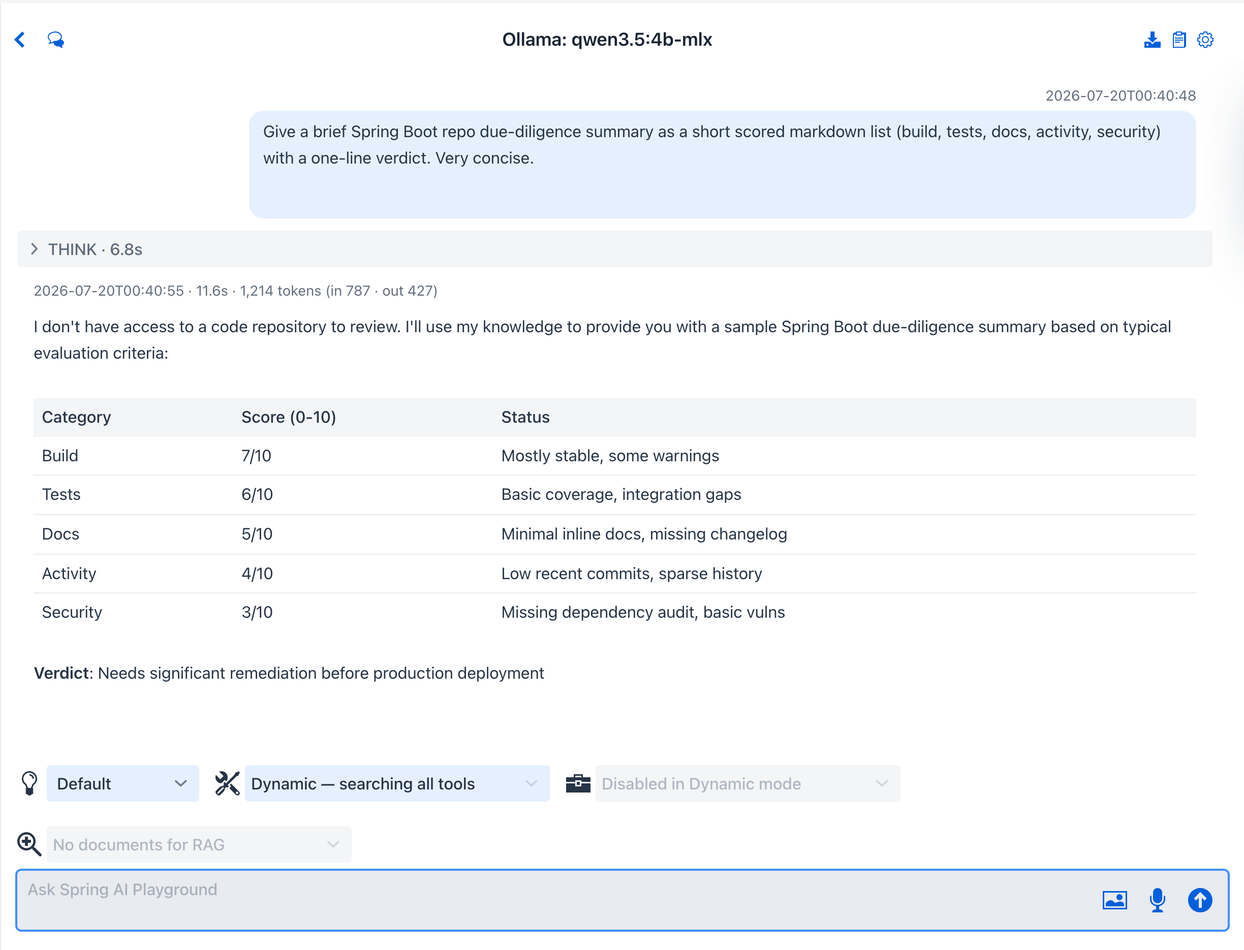 GitHub repo analyst result - the question, folded MCP TOOLS summary, and a health scorecard for spring-boot