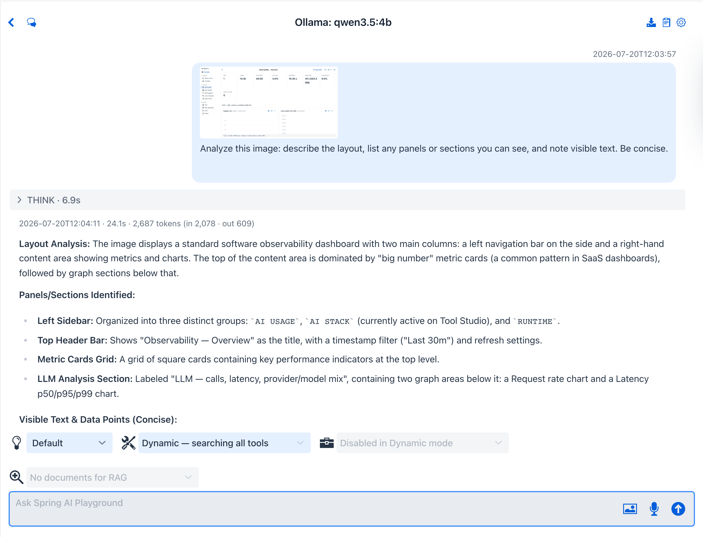The Image analyst preset in action - the attached banner image, a folded MCP TOOLS summary with the four-call chain, the findings table, and the completed CSV export