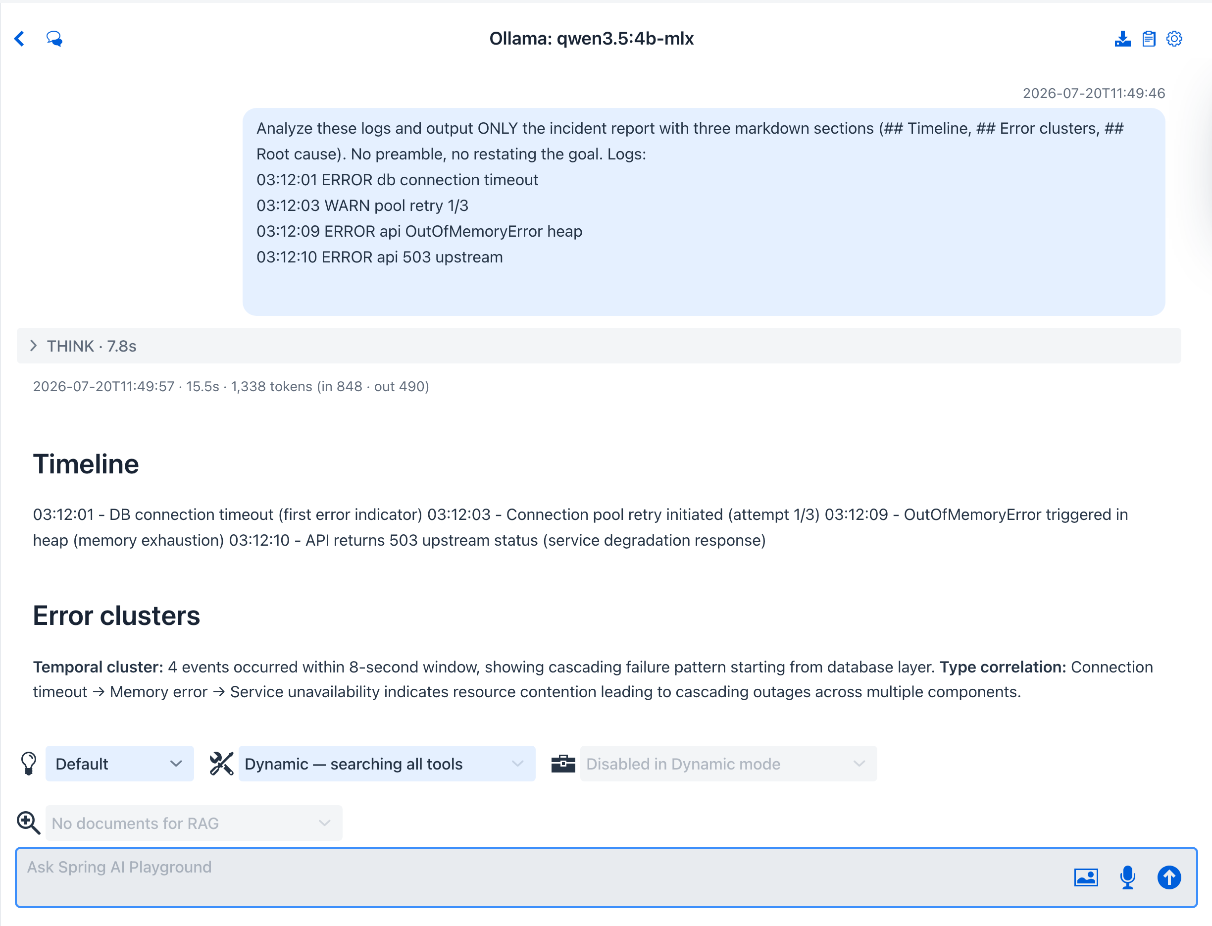 Log detective result - the question, folded MCP TOOLS summary, and an incident report tracing a gateway timeout