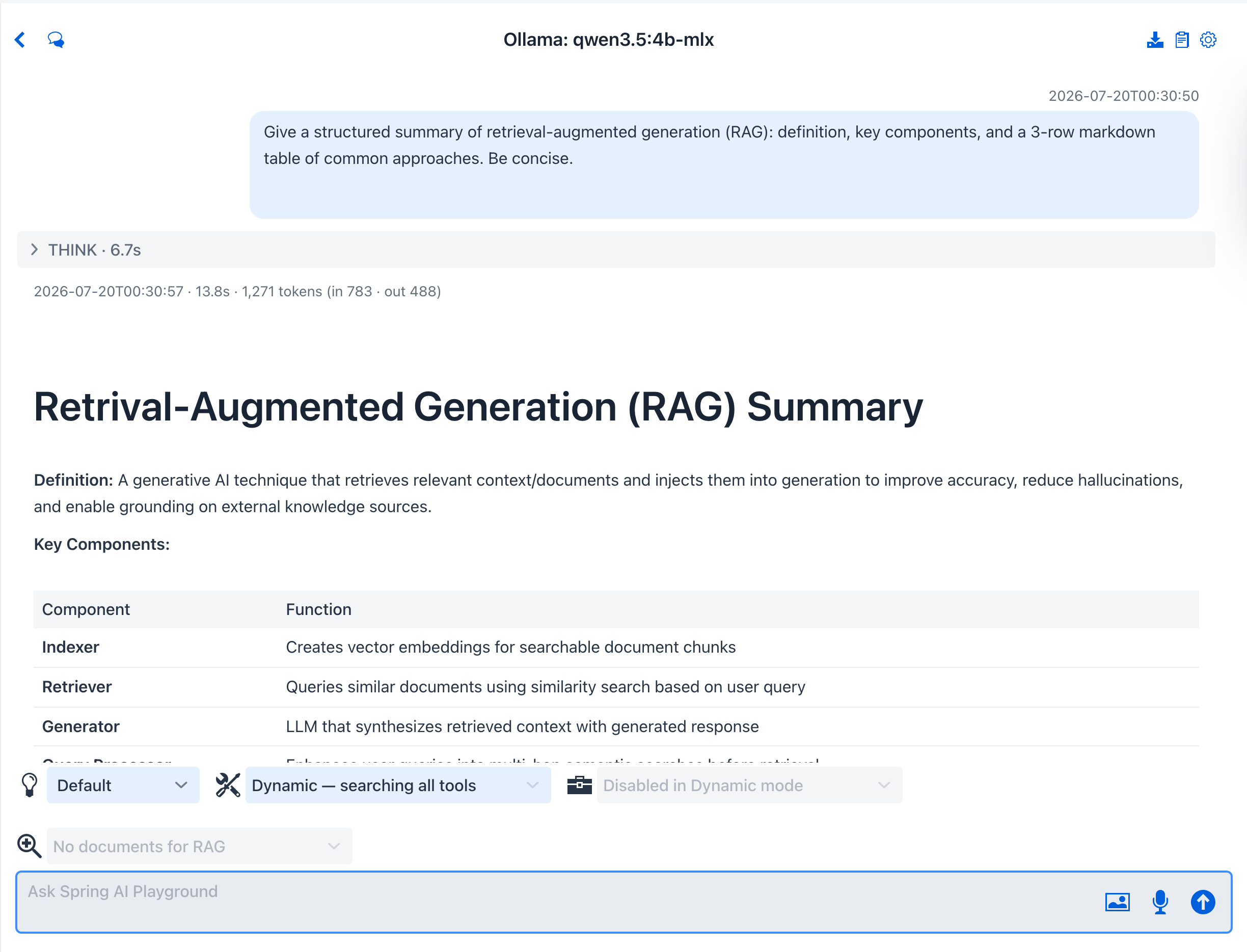 Research agent result - the question, folded THINK and MCP TOOLS summaries, and a cited summary of how RAG works with a trade-offs table and numbered sources