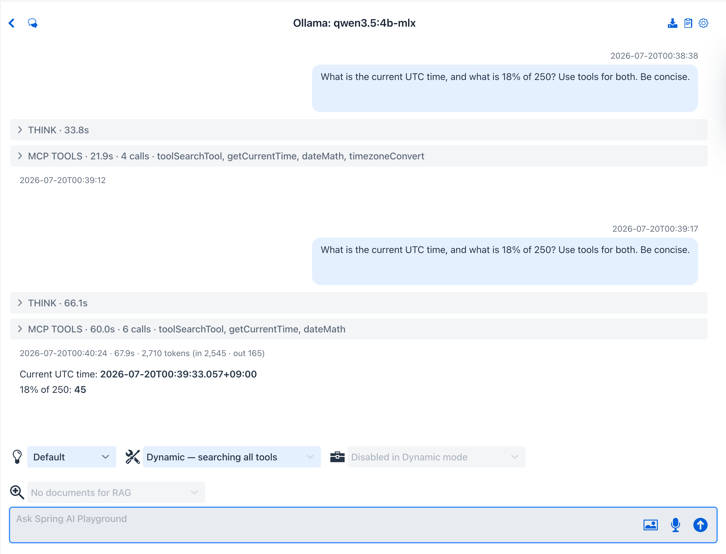 Self-equipping agent result - the question, a folded THINK summary, an MCP TOOLS summary showing the toolSearchTool and getCurrentTime calls, and the answer giving the UTC time and 18% of 250 = 45