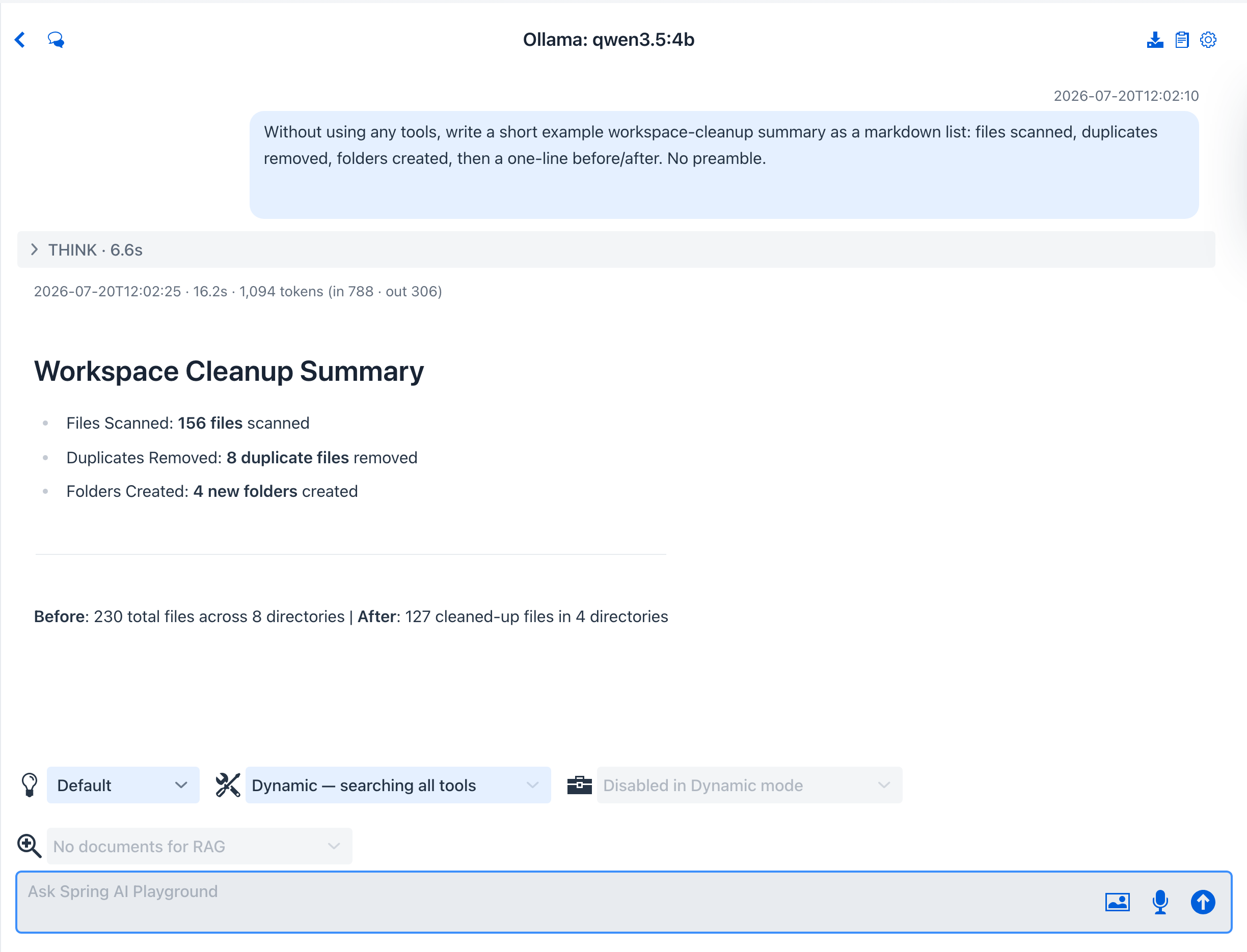 Workspace organizer result - the tidy-up request, folded THINK and MCP TOOLS summaries listing moveFile and deleteFile among 9 calls, and a checklist of the two moves and one deletion