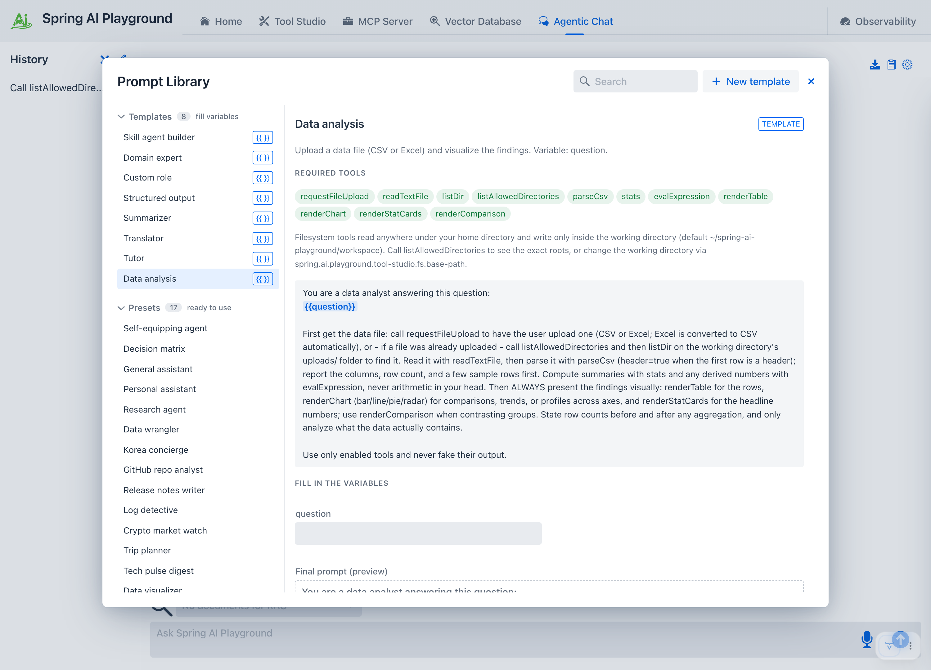 The Data analysis template selected in the Prompt Library - its single question variable highlighted in the prompt and its required tools requestFileUpload, readTextFile, parseCsv, and the render tools listed above