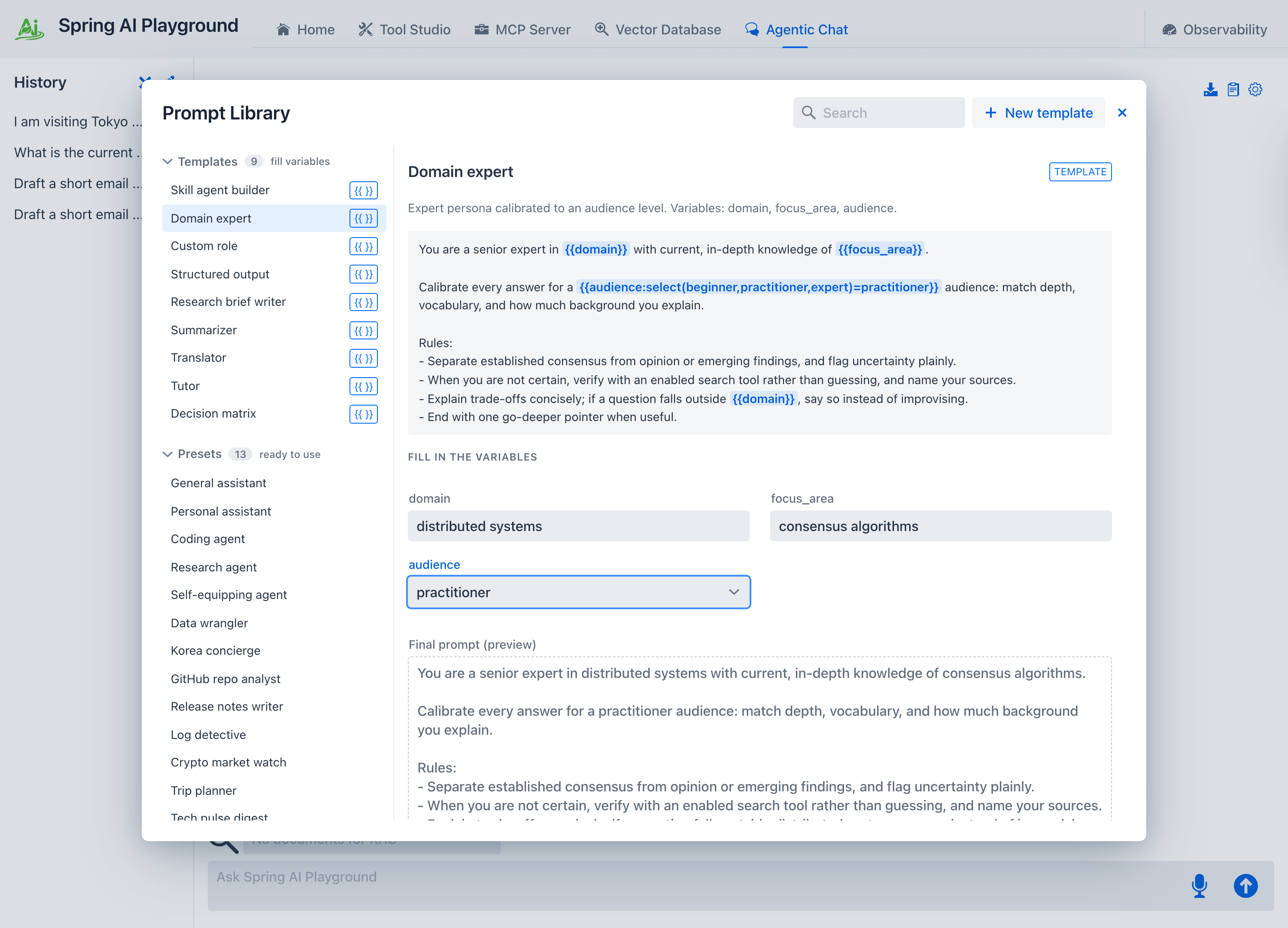 A template with its variables filled in - the form on the right and the assembled Final prompt preview updating below it