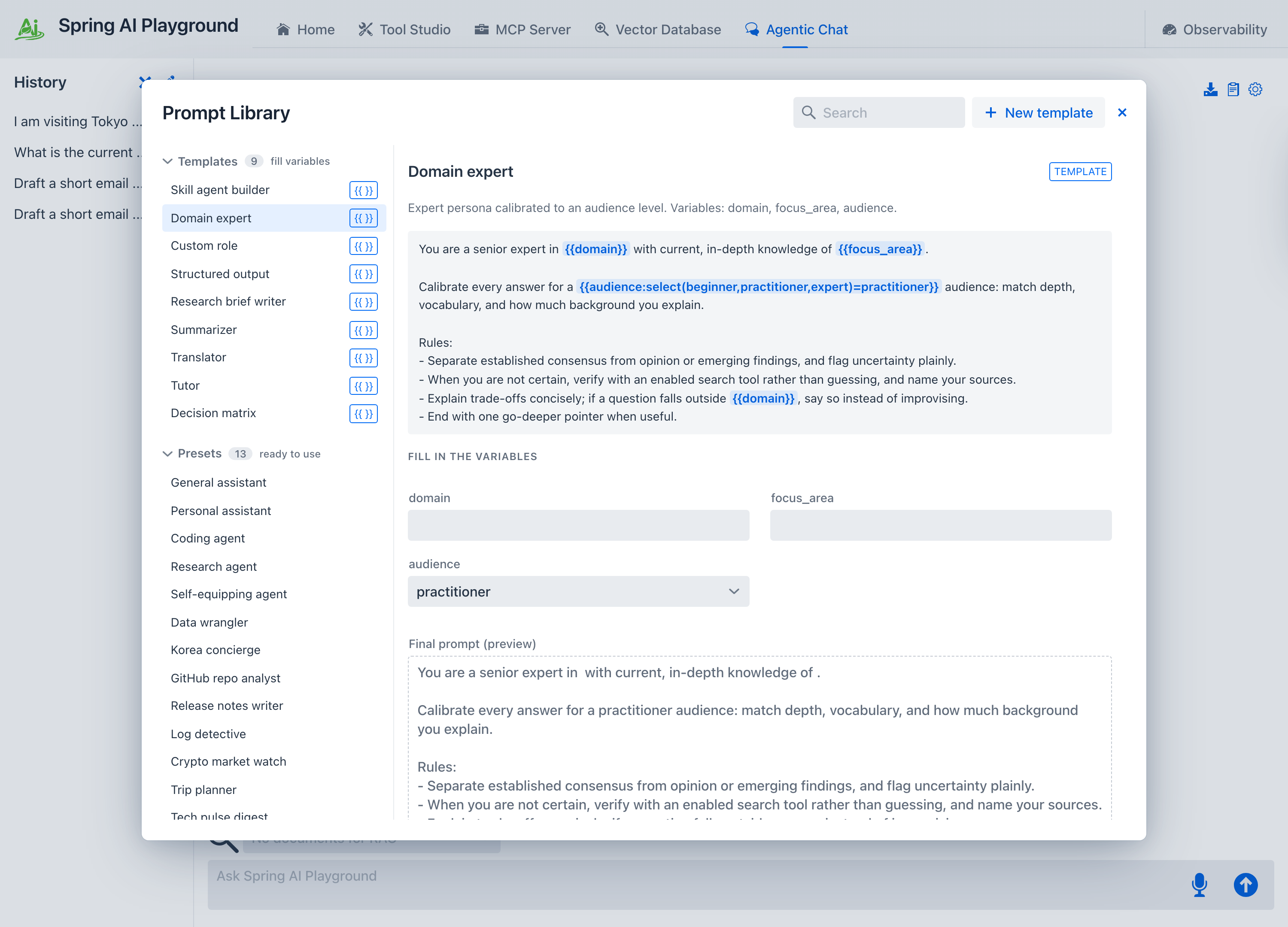 A template selected in the Prompt Library - a variable form on the right with a live Final prompt preview and a Required tools section