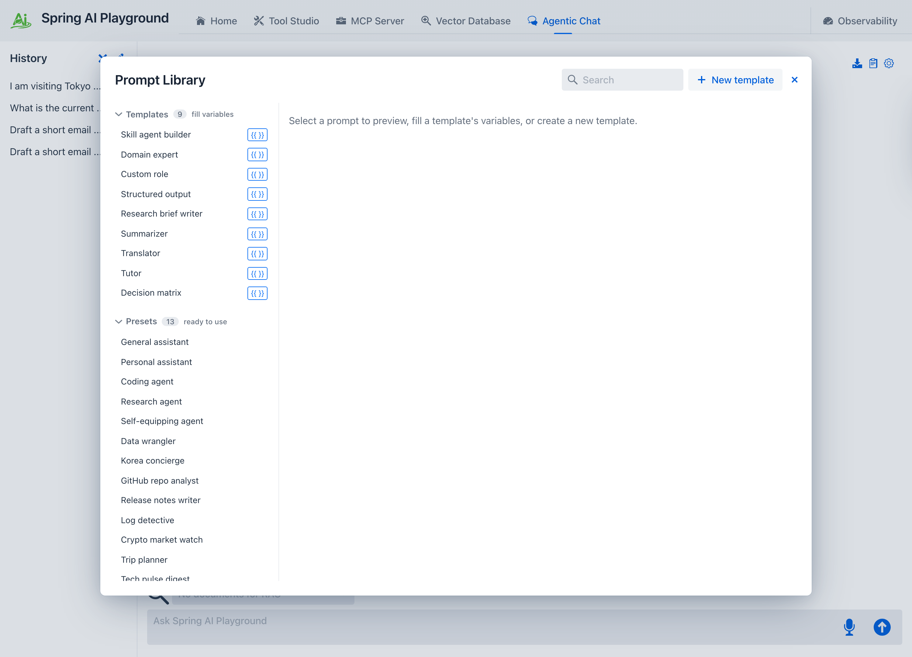The Prompt Library dialog - a left list split into Templates (fill variables) and Presets (ready to use), with a right pane previewing the selected prompt