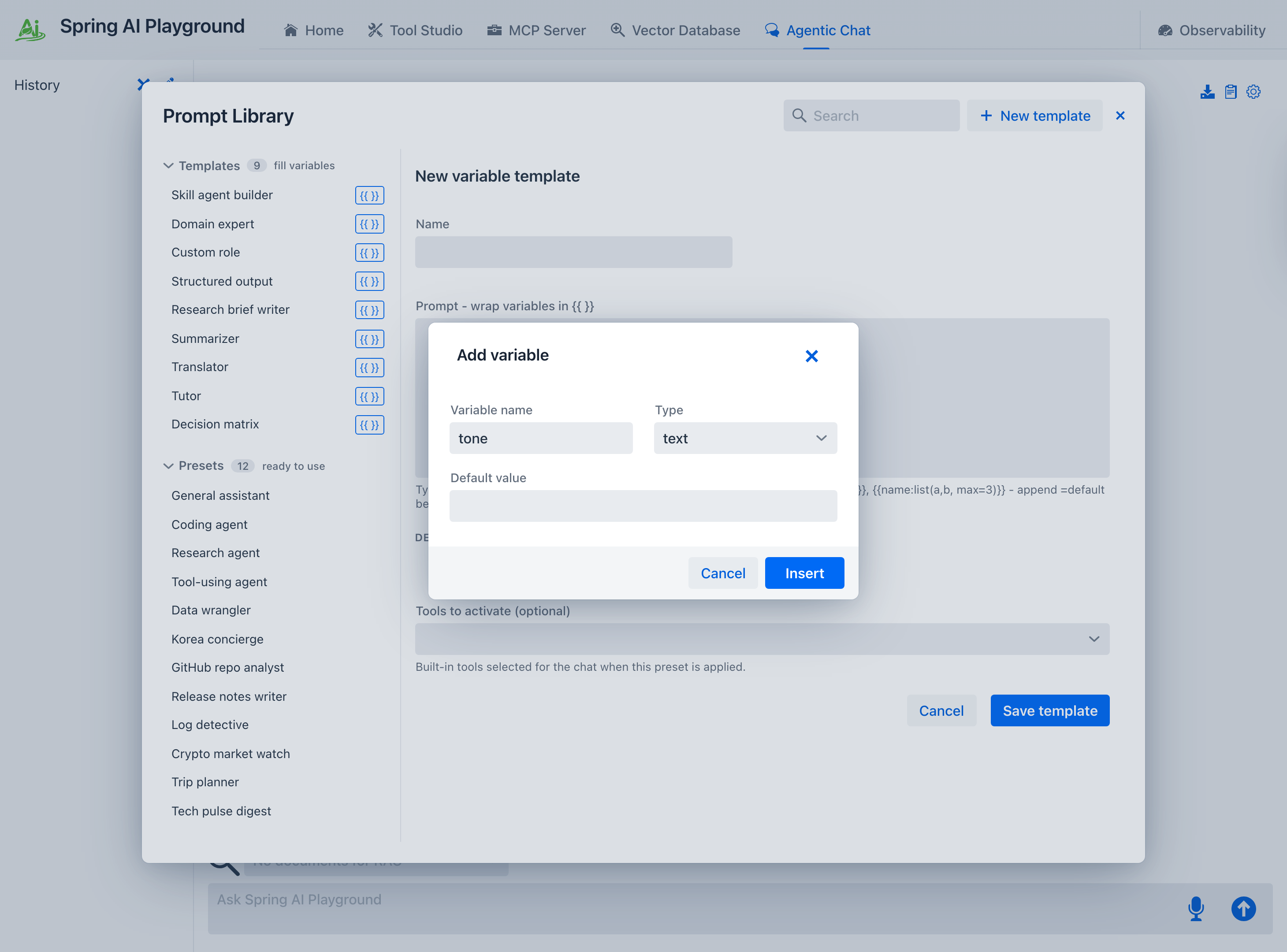 The Add variable dialog - a variable name field, a type dropdown, and a default value, with an Insert button that writes the token into the prompt