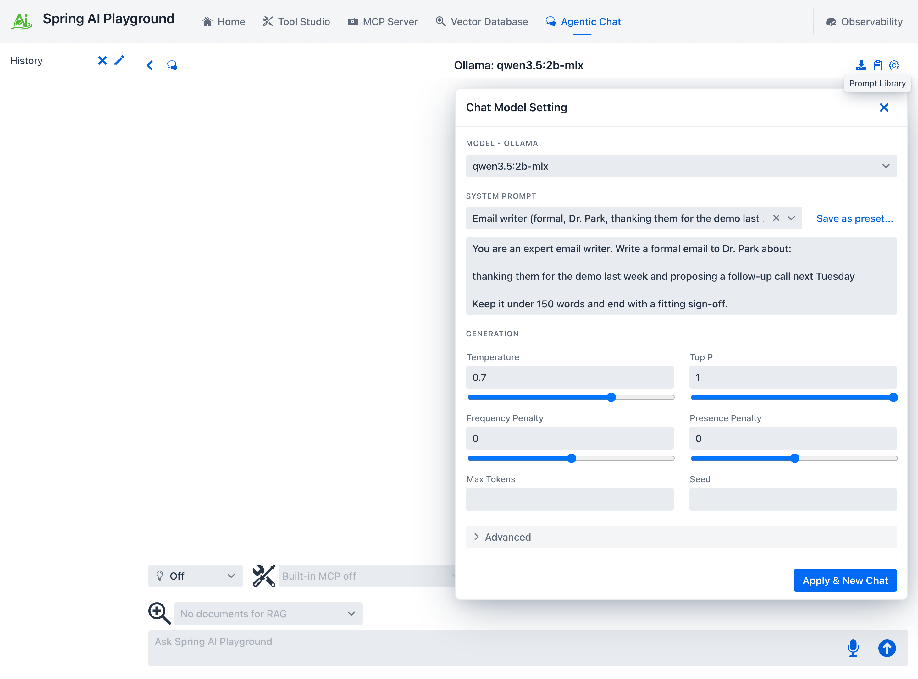 The settings drawer after applying - the System prompt field holds the rendered email-writer prompt with the variable values substituted in
