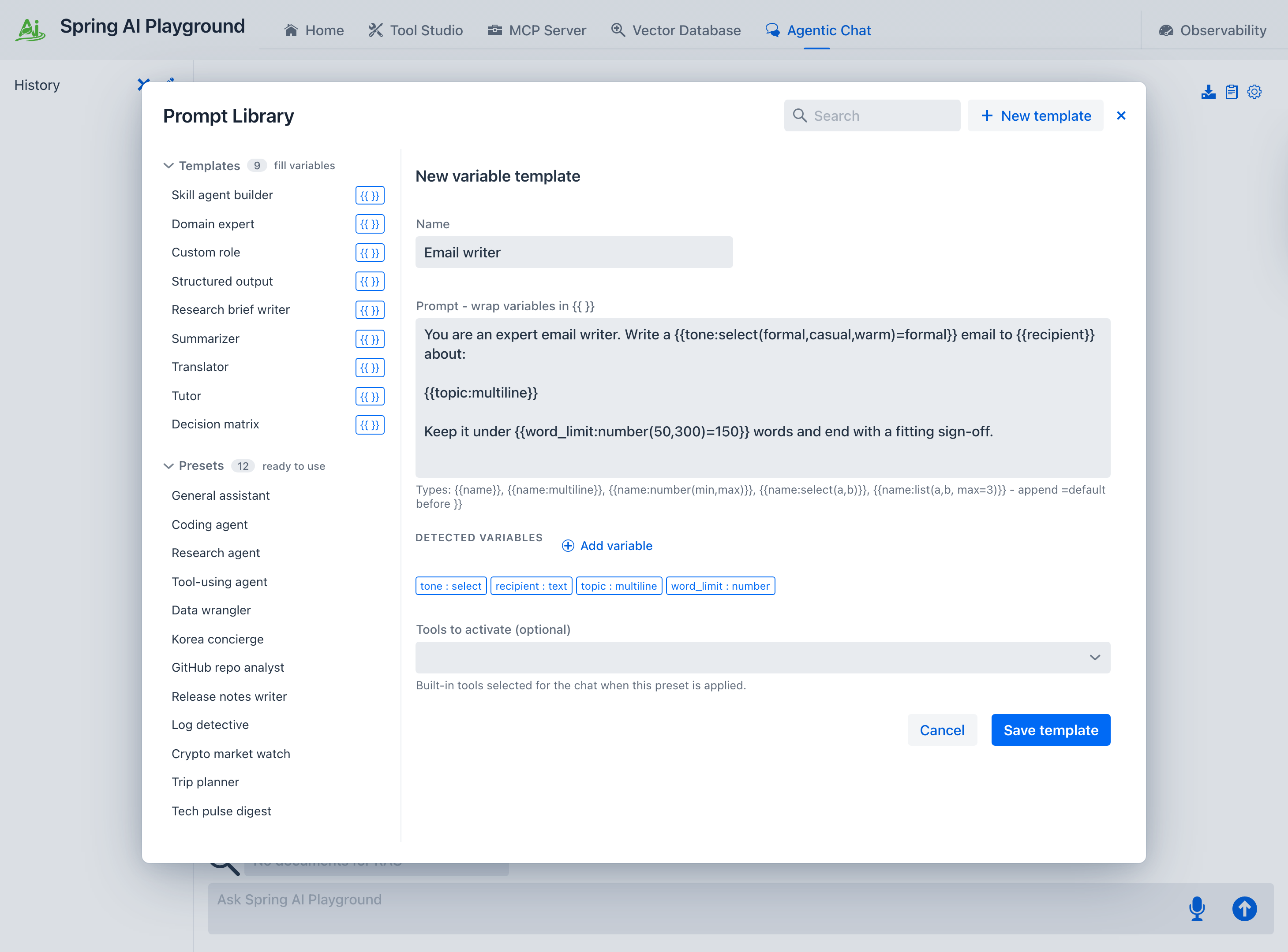 The editor with a full email-writer prompt typed in - the Detected variables row shows tone : select, recipient : text, topic : multiline, and word_limit : number