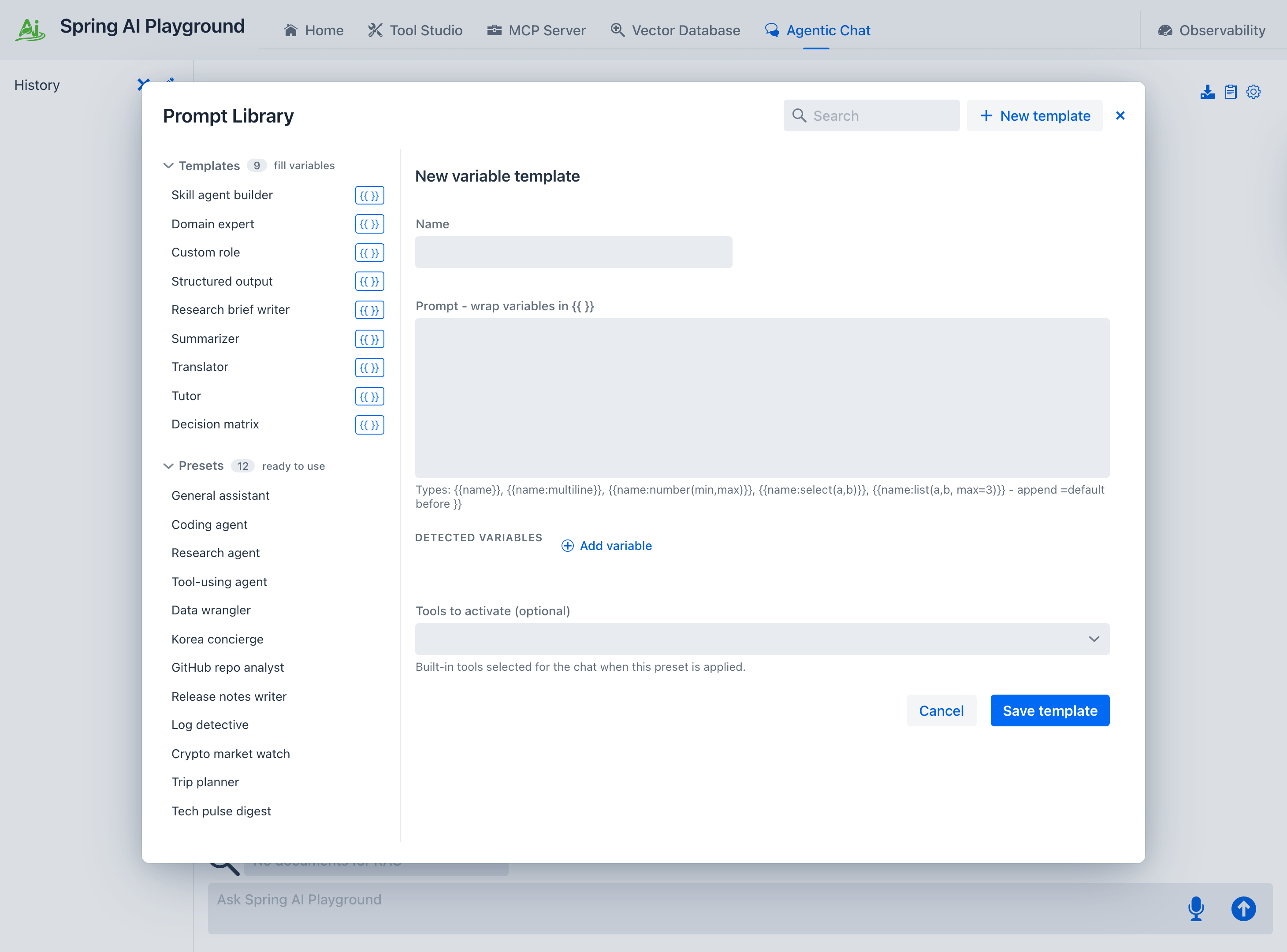 The New variable template editor - a Name field, a Prompt area with helper text listing the variable types, an Add variable button, and a Save template button