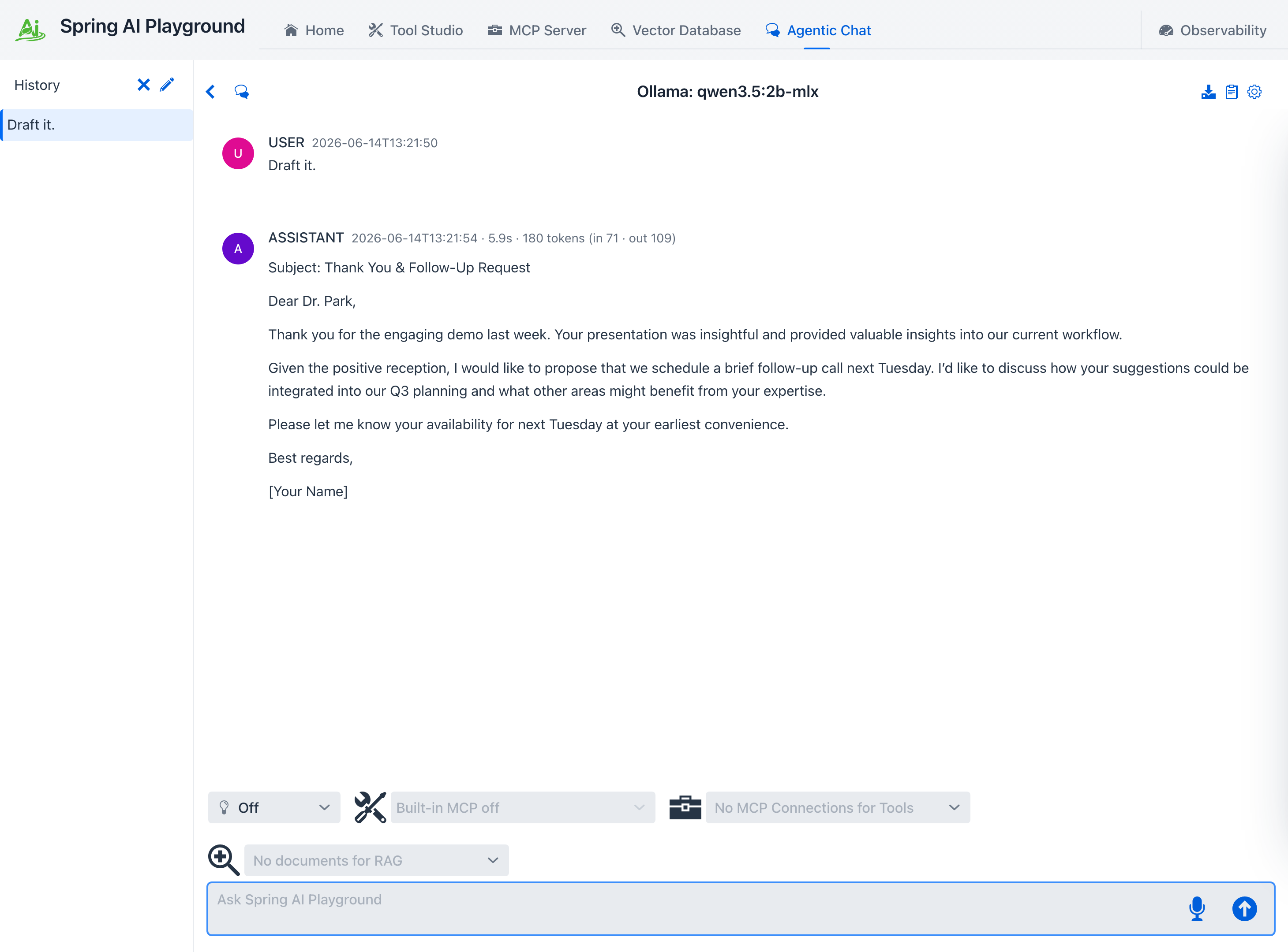 The chat result - the user types Draft it and the assistant returns a complete formal email with a subject line, greeting, body, and sign-off