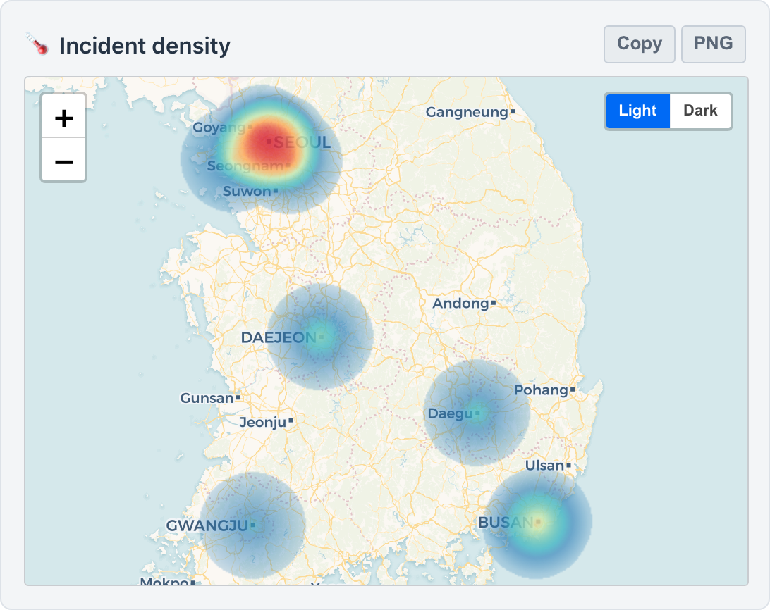 A renderGeoHeat density heatmap with warm hotspots over a basemap