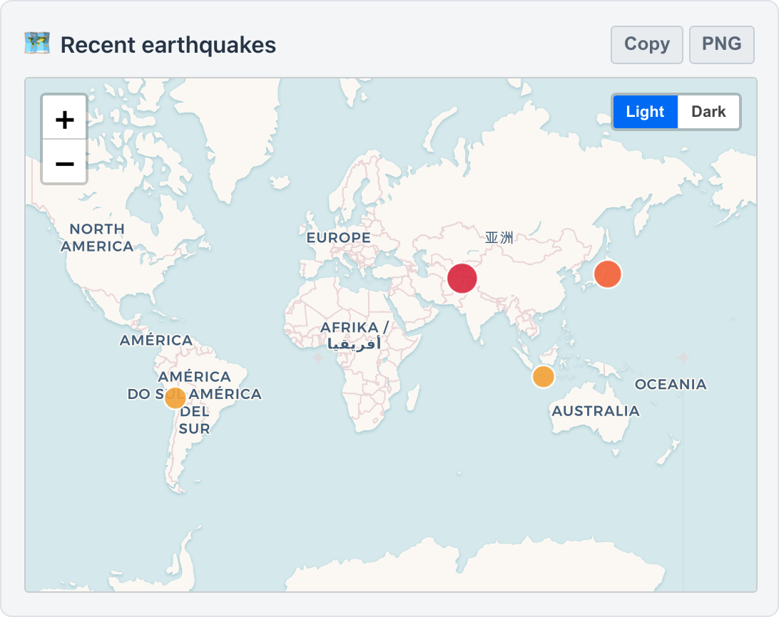 A plotPointsOnMap multi-point Leaflet map with a Light/Dark toggle