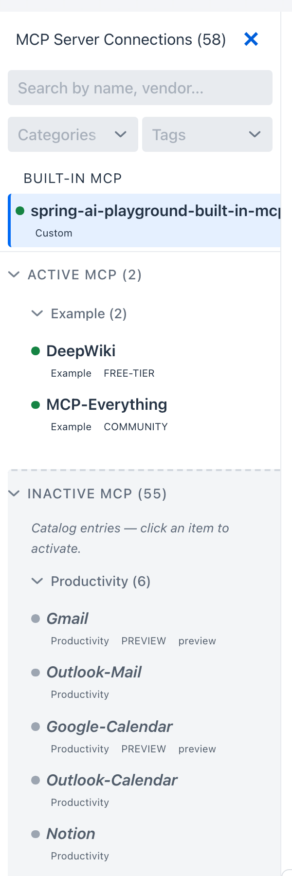 MCP Server screen layout - left rail with the sidebar (filter bar + 3-layer list) and right pane with the MCP Server Info connection form