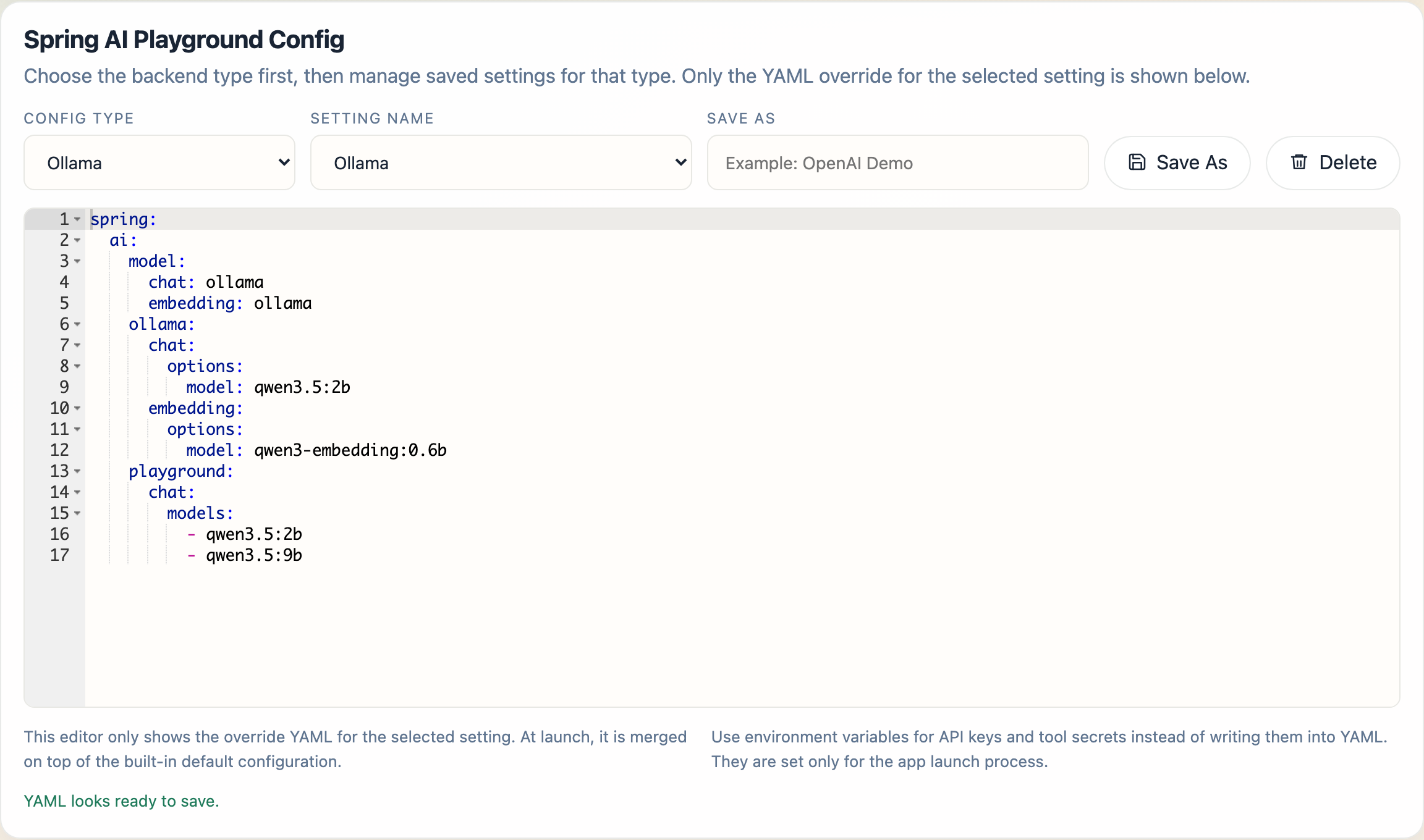 Spring AI Playground config card