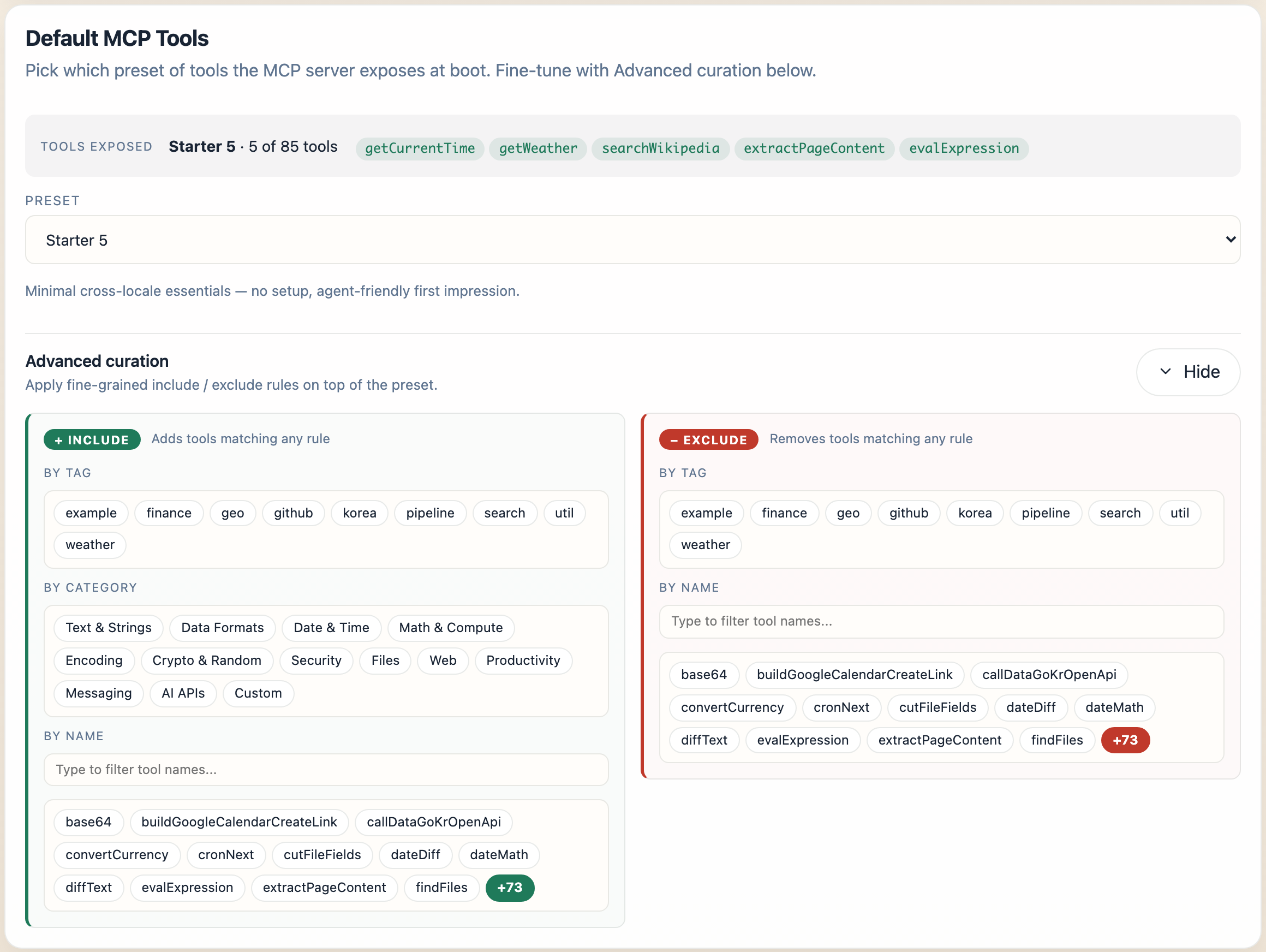 Default MCP Tools card with Advanced curation expanded - two columns (Include / Exclude) with By tag chips, By category chips, and a By name picker on each side