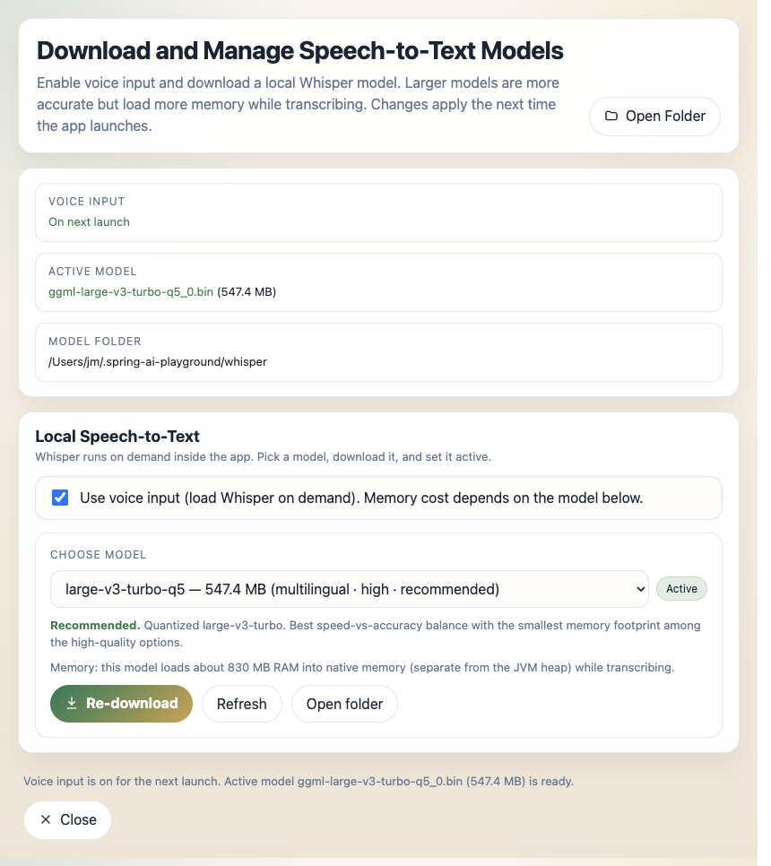 The Download and Manage Speech-to-Text Models window - status cards for voice input, active model, and model folder, above the model chooser with Download, Refresh, and Open folder buttons