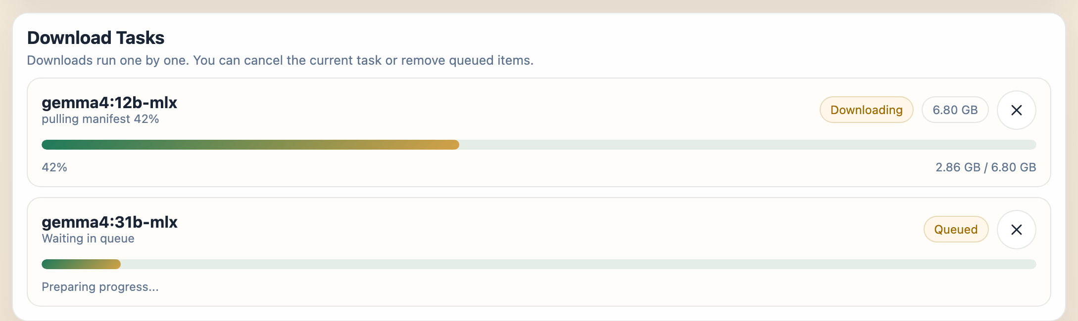 Ollama model manager Download Tasks panel - a running download with a live progress bar and a Cancel button, plus a queued download that also shows a Cancel button