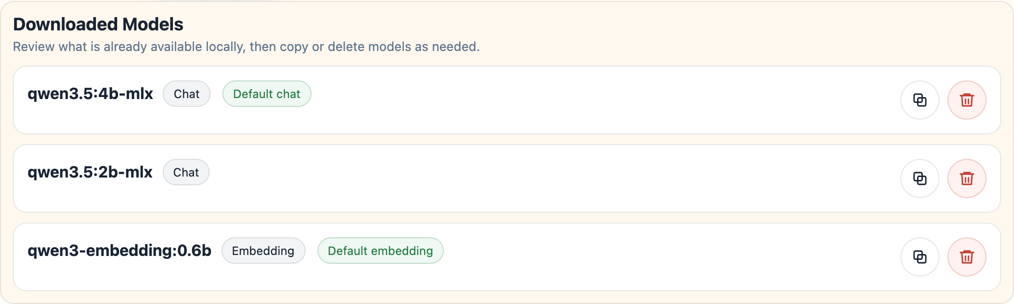 Ollama model manager Downloaded tab - downloaded chat and embedding models with copy and delete buttons