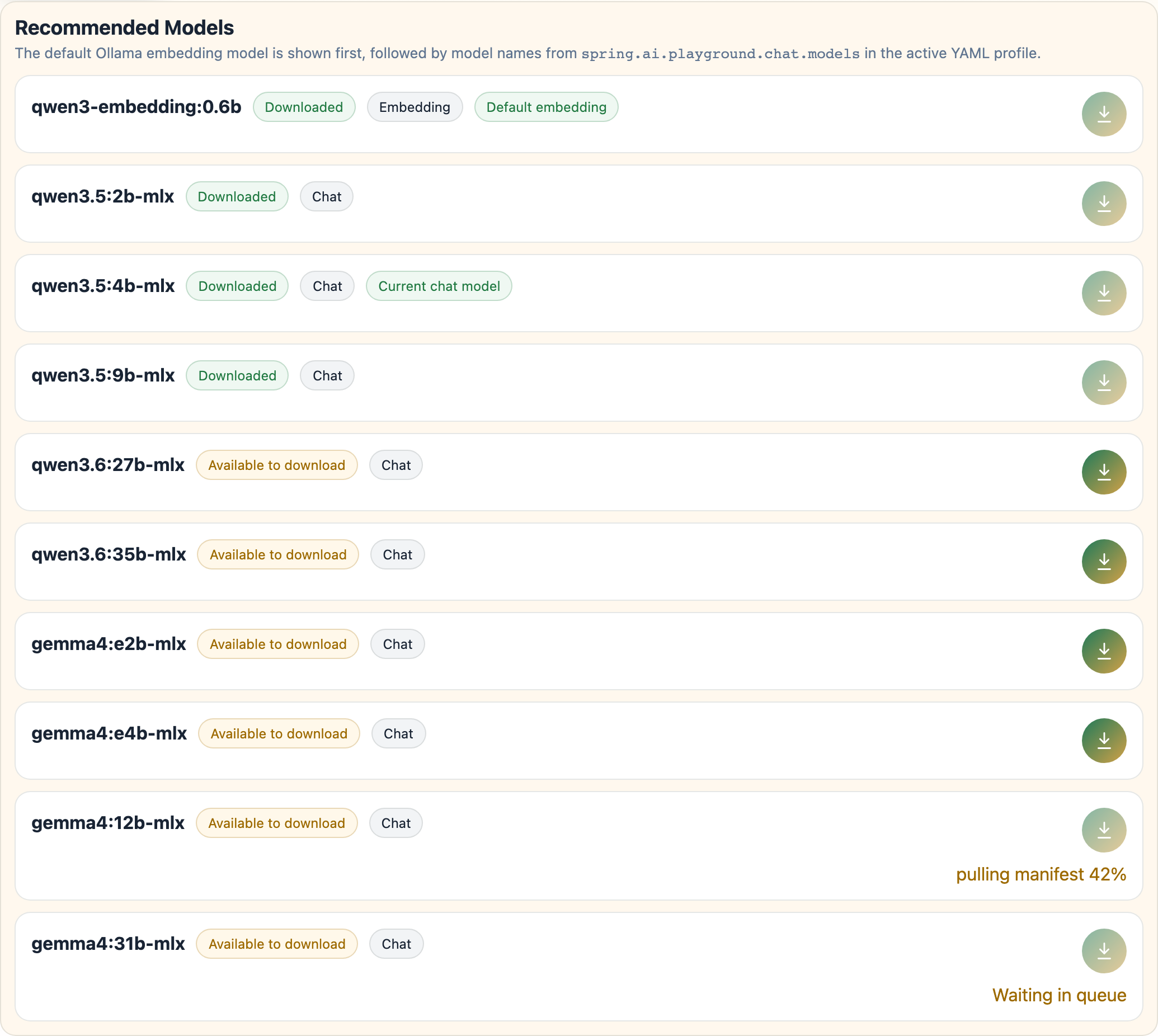Ollama model manager Recommended tab - mlx chat models with Downloaded / Available to download badges, the default embedding model first