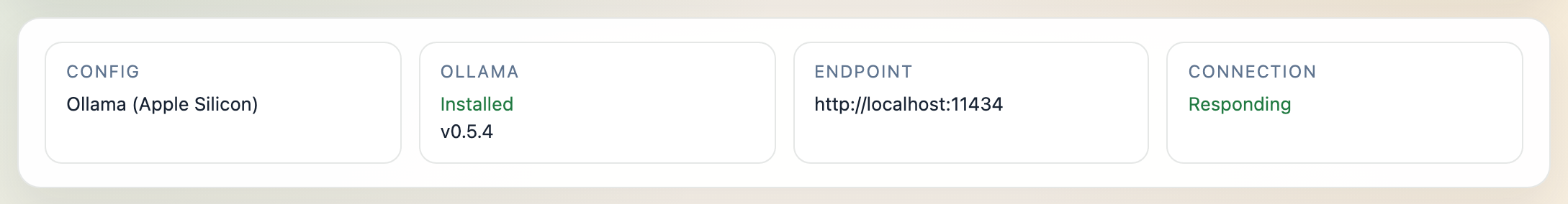 Ollama model manager header - Config, Ollama install status, Endpoint, and Connection mini-cards