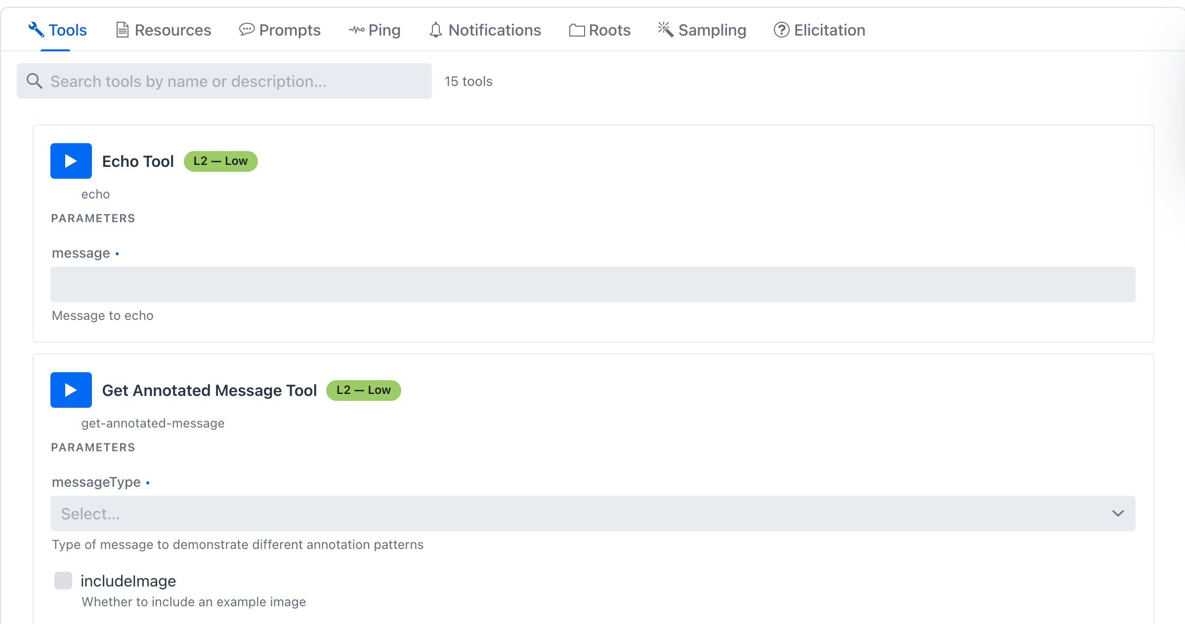 Excerpt of the Tools tab on MCP Everything - first card "Echo Tool" with its message input row, second card "Get Annotated Message Tool" with messageType Select and includeImage checkbox showing how JSON-Schema-typed inputs render