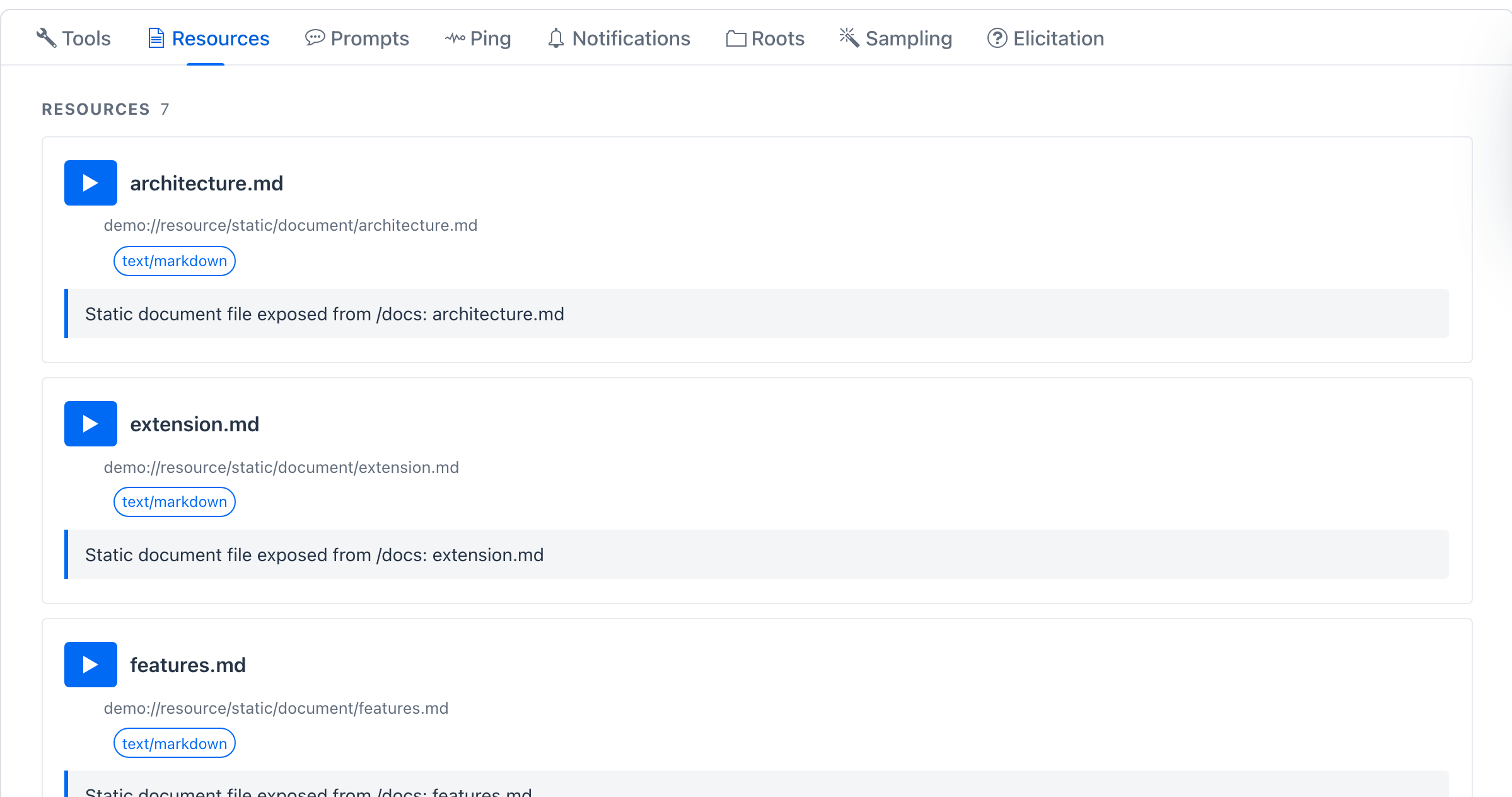 Excerpt of the Resources tab - RESOURCES (7) header, the architecture.md card with its URI demo://resource/static/document/architecture.md and text/markdown content-type chip, and the extension.md card below it