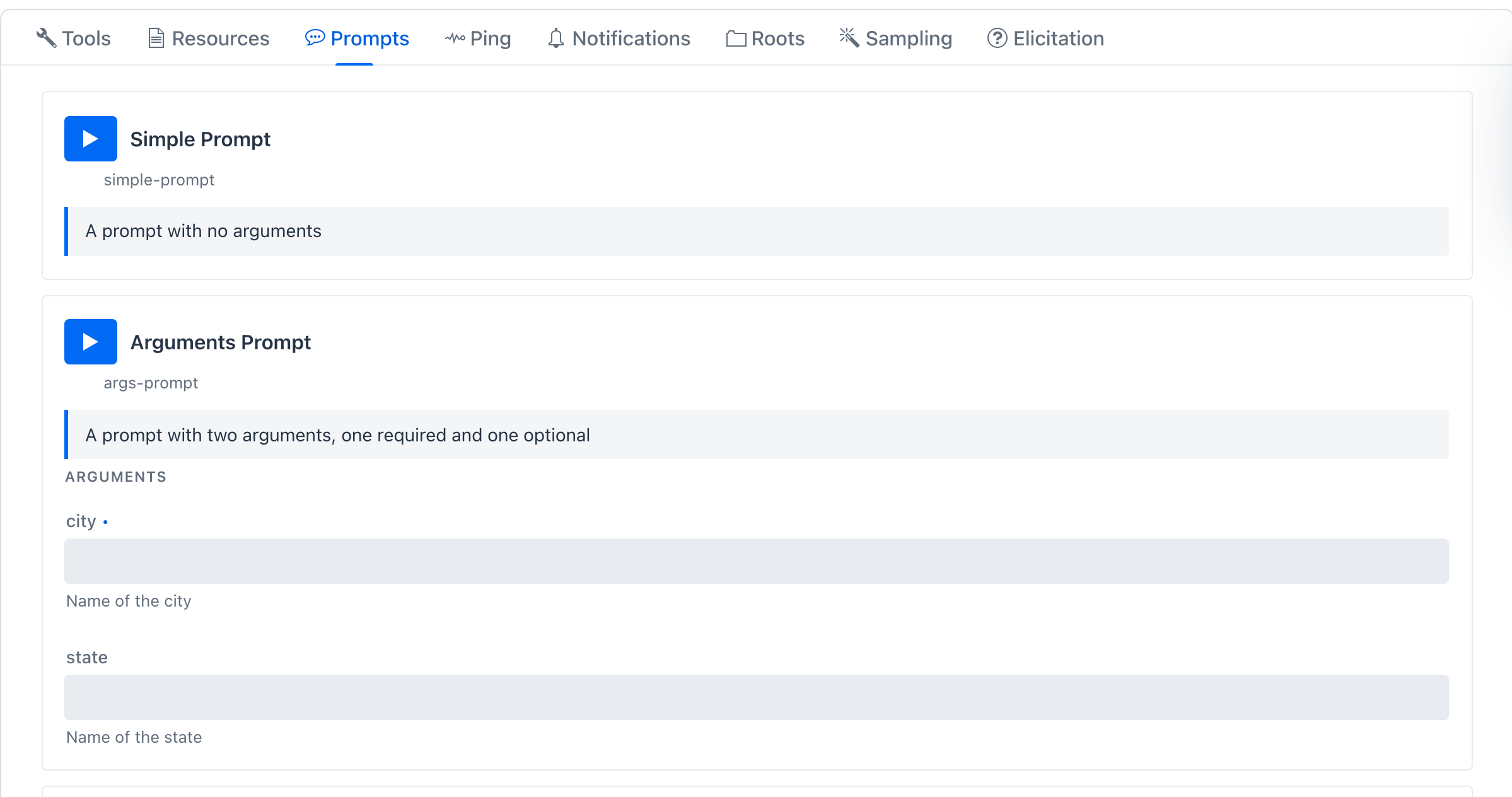 Excerpt of the Prompts tab - Simple Prompt (description: "A prompt with no arguments"), Arguments Prompt below it ("A prompt with two arguments, one required and one optional") with city / state inputs and helper hints