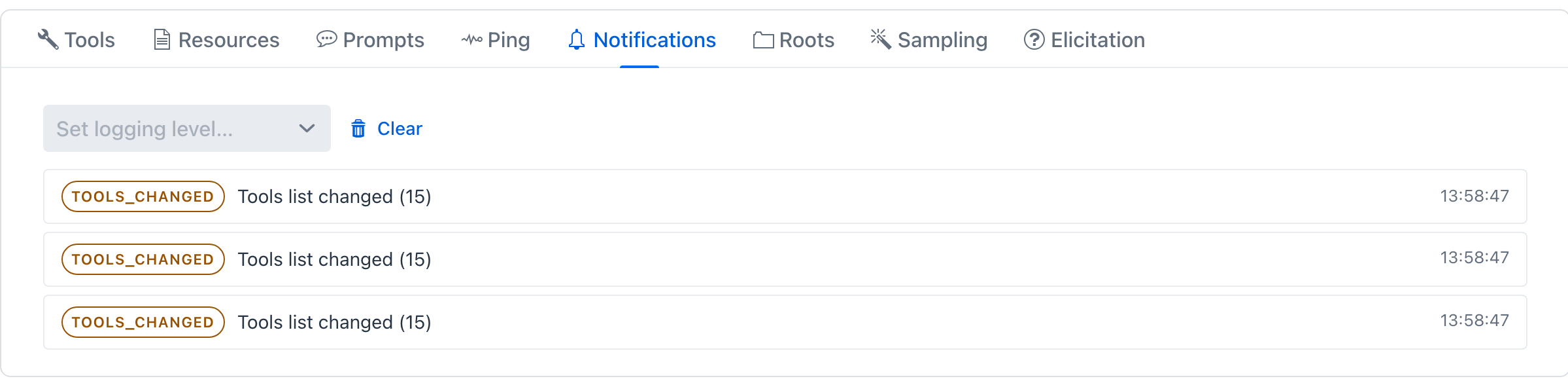 Excerpt of the Notifications tab - a logging-level selector and Clear button above a live feed showing three TOOLS_CHANGED "Tools list changed (15)" rows, each timestamped, that MCP Everything emitted on connect