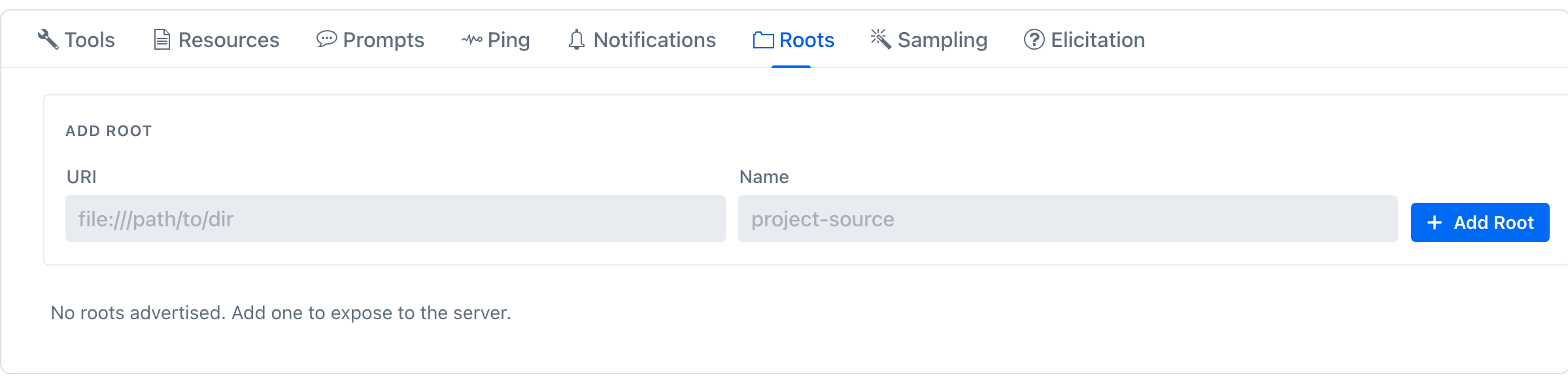 Excerpt of the Roots tab - empty "No roots advertised" state with the inline ADD ROOT form below (URI field 'file:///path/to/dir', Name field 'project-source', + Add Root button)