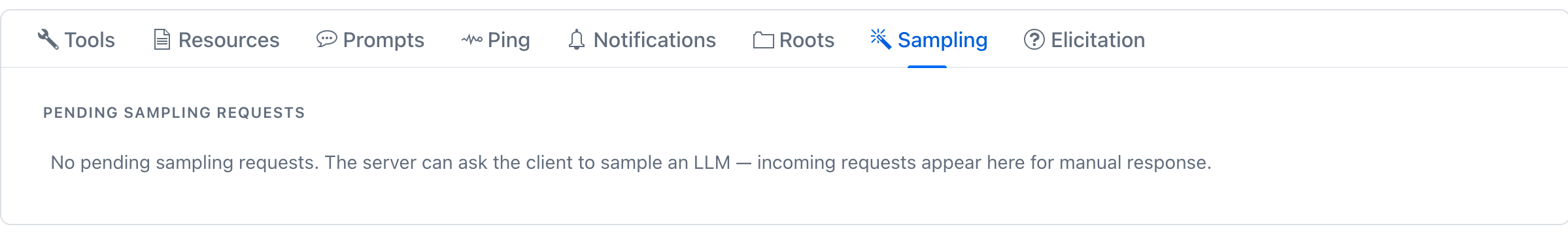 Excerpt of the Sampling tab - empty pending-request list; cards appear here the moment a server calls sampling/createMessage back into the playground