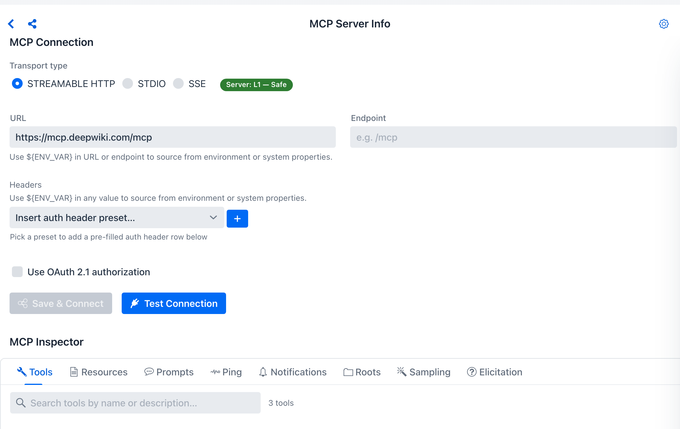 The DeepWiki connection form - the green Server: L1 - Safe chip sits beside the Transport type radios, above the URL and Headers fields