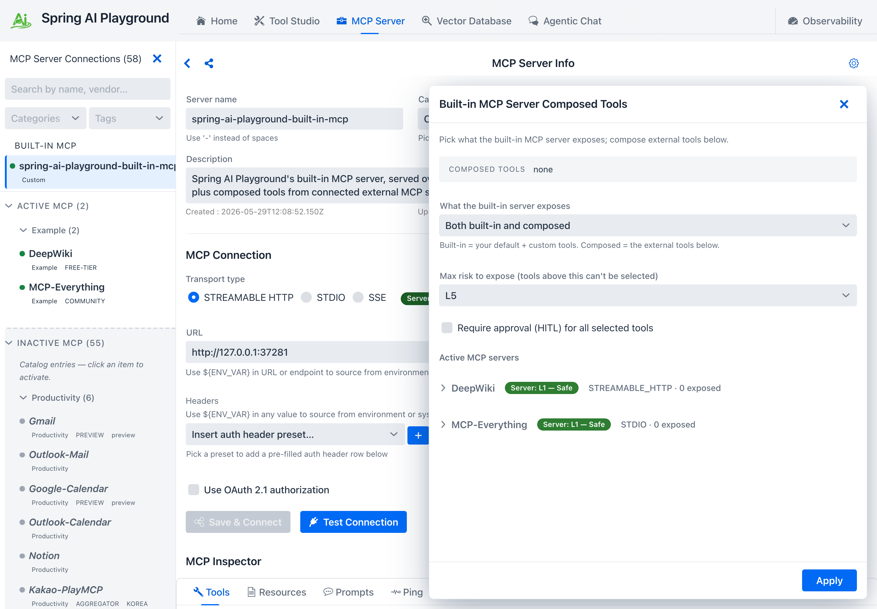 Composed Tools drawer - max-risk cap, HITL toggle, a server row with its risk chip, and the list of tools currently exposed on the built-in server