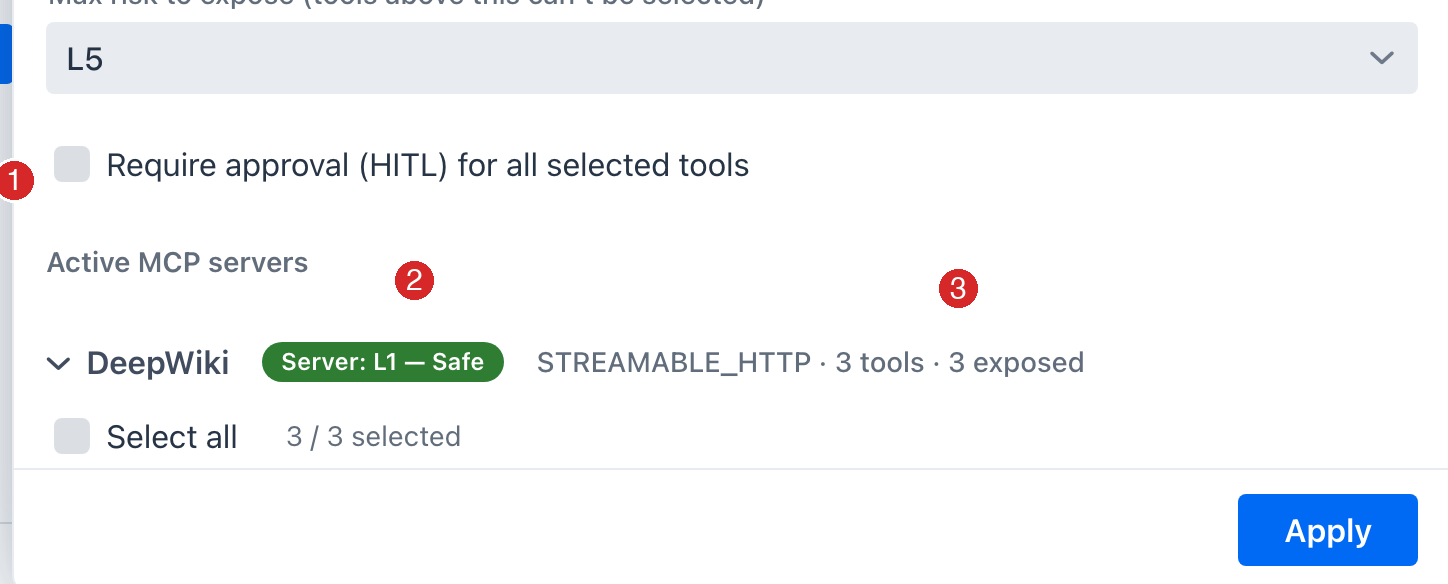 DeepWiki expanded - read_wiki_structure shows L1 - Safe with a HITL -1 badge and a ticked HITL box; read_wiki_contents and ask_question stay L2 - Low