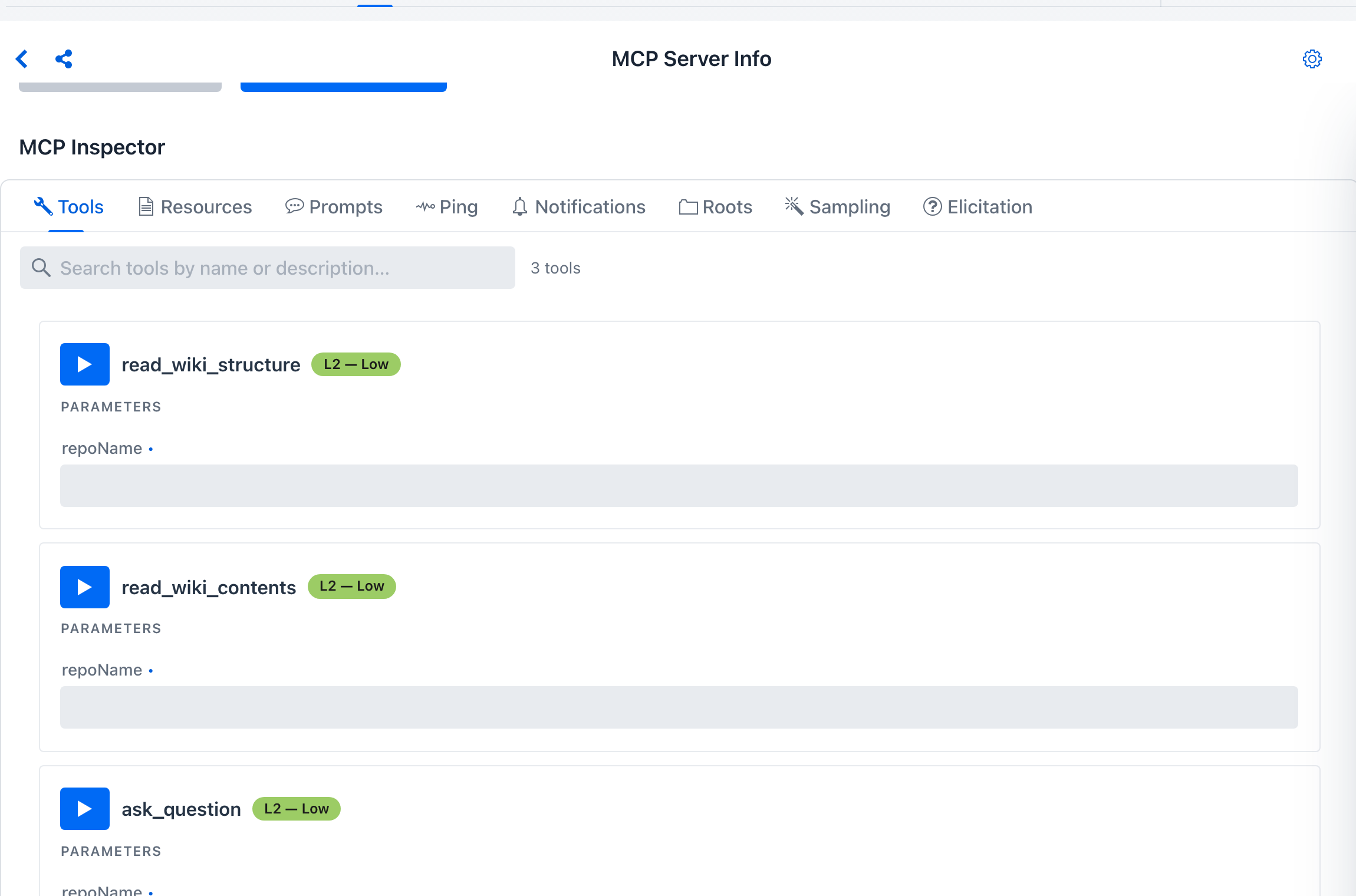 Tools tab on the DeepWiki connection - read_wiki_structure and read_wiki_contents each carry a green L2 - Low risk chip beside the tool name, above their repoName parameter row